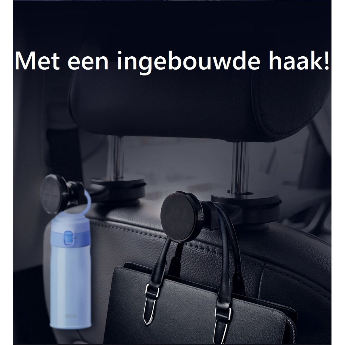 Car headrest hook with a water bottle and a bag. Text above says: With a built-in hook!