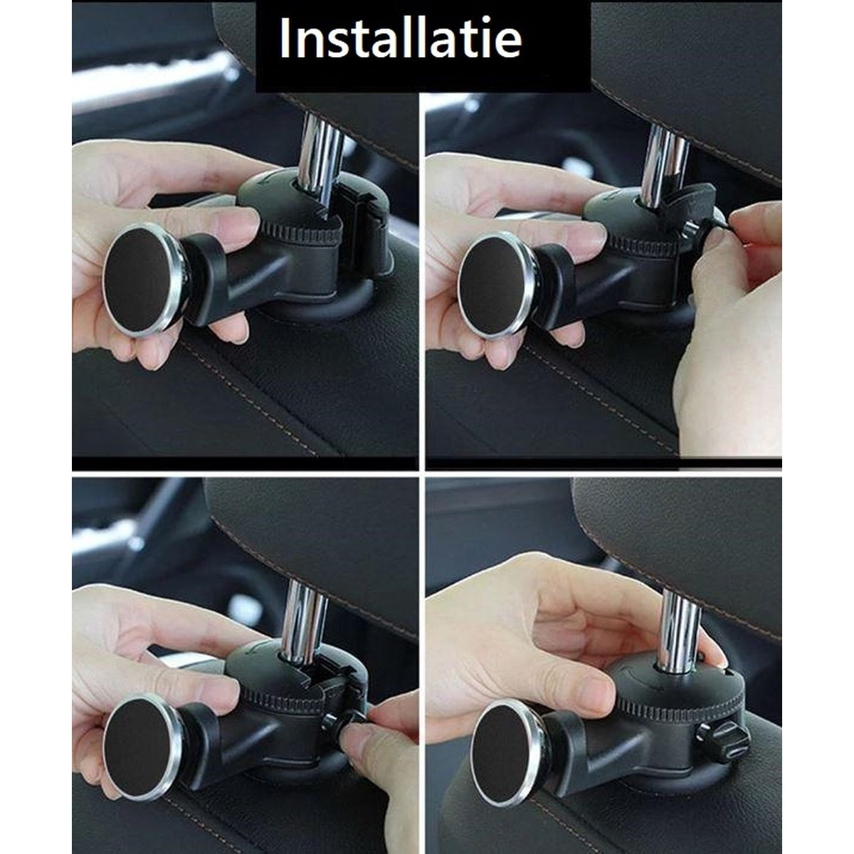Four-panel image showing installation steps for a car headrest phone holder. Hands are adjusting the device on the headrest.