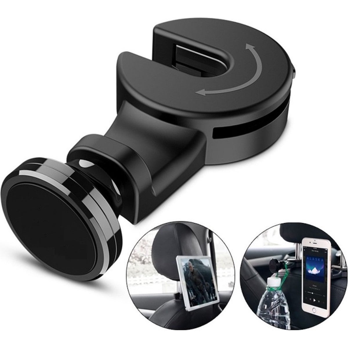 Black car headrest phone holder. It has a round magnetic base, hook, and two smaller images of it in use with a tablet and a phone.