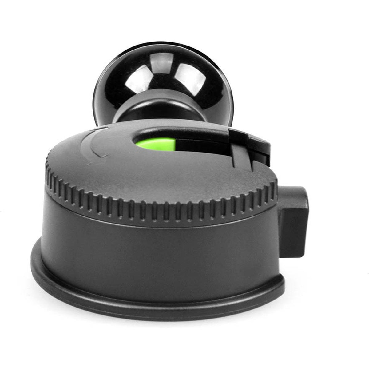 A black car mount. It has a suction cup, a rotating ball joint, and a locking mechanism with a green button.