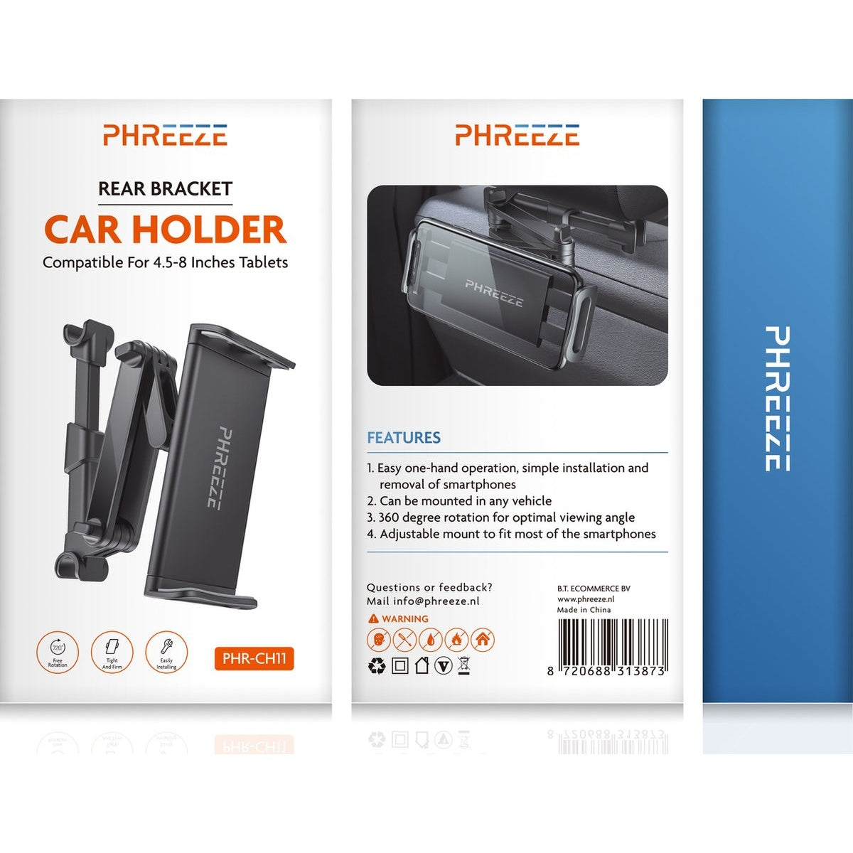 Car holder for tablets. The product is black with the brand name Phreeze. The image shows the product and its features.