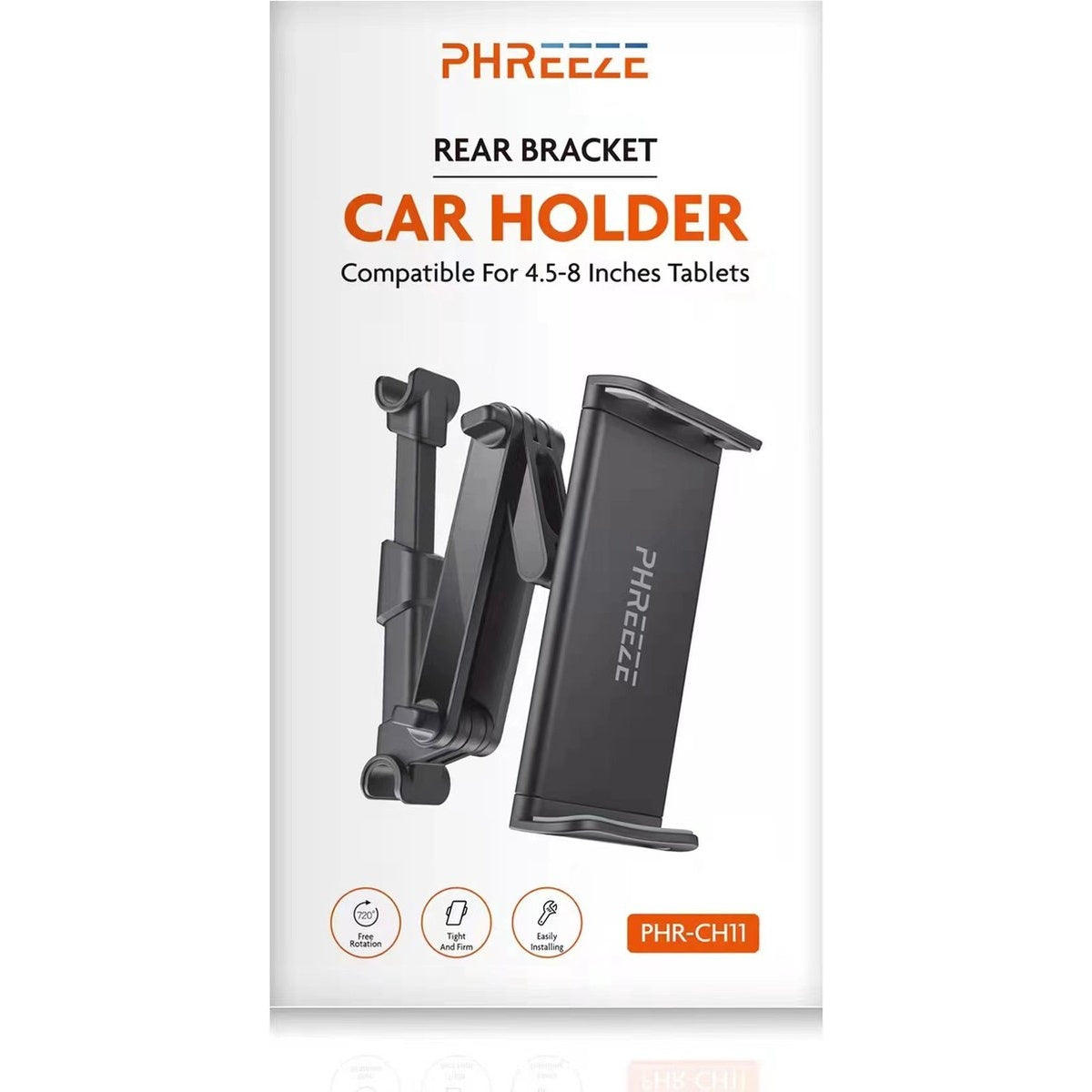 A black car tablet holder with the brand name PHREEZE. Text says 'REAR BRACKET CAR HOLDER' with icons and the product code PHR-CH11.