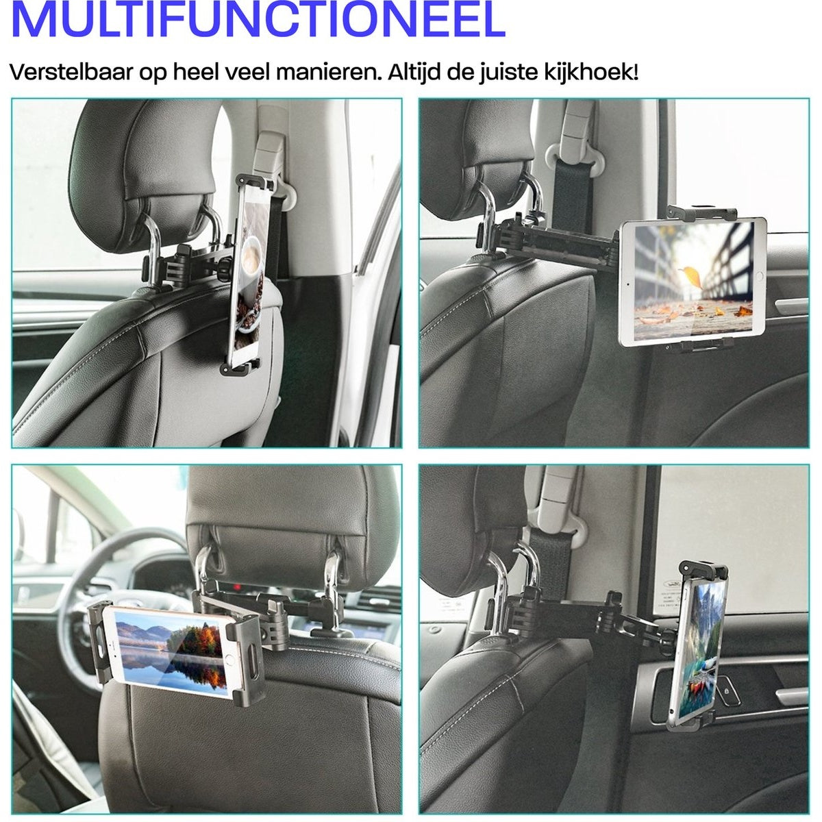 Four images of a car headrest mount for a tablet or phone. The mount is adjustable, holding devices in various positions.