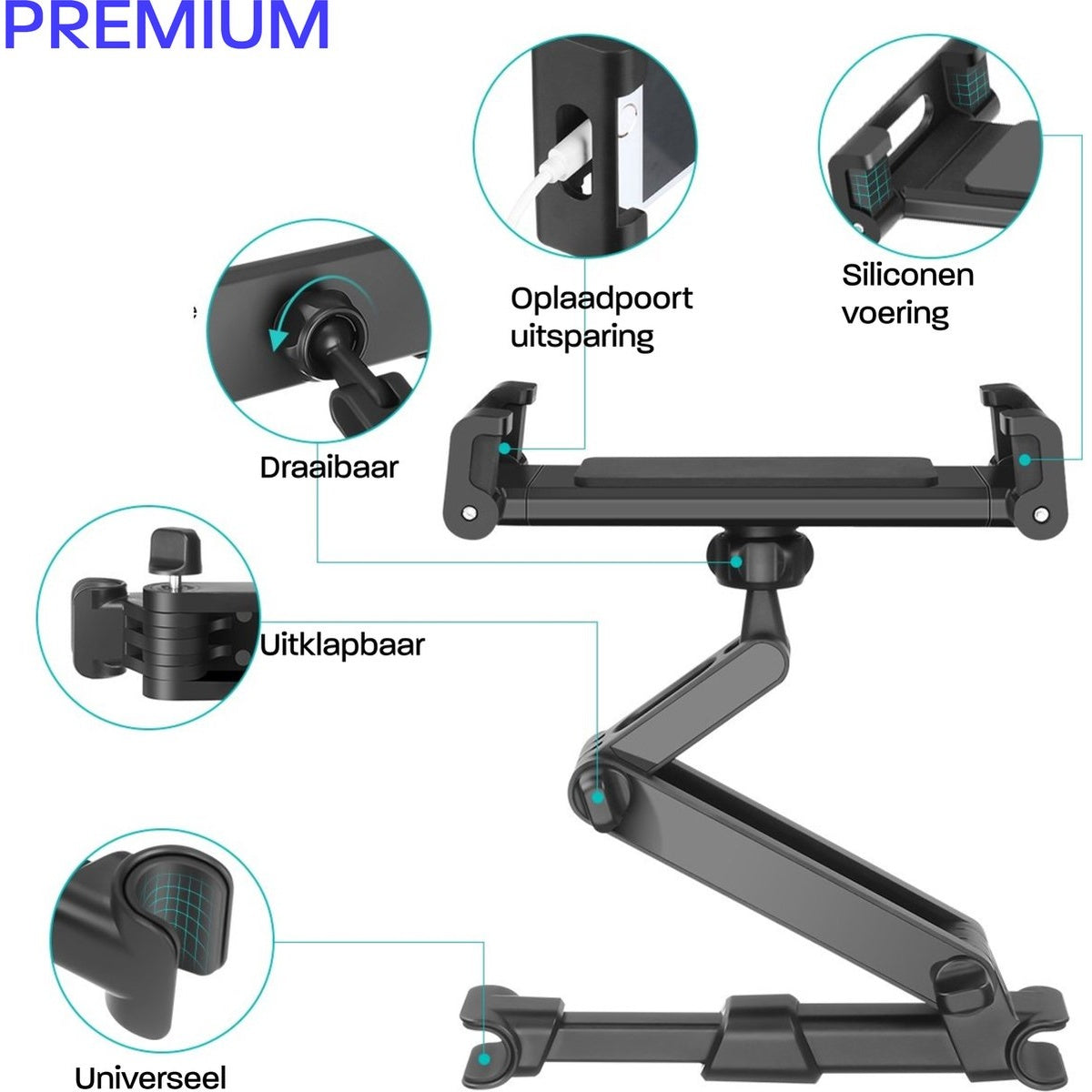 A black tablet holder with articulated arm and various features like a charging port, silicone padding, and universal design.