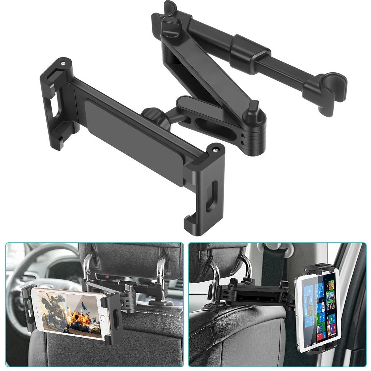 Black car tablet holder with adjustable arms. Shown attached to car headrests, holding a phone and tablet displaying content.
