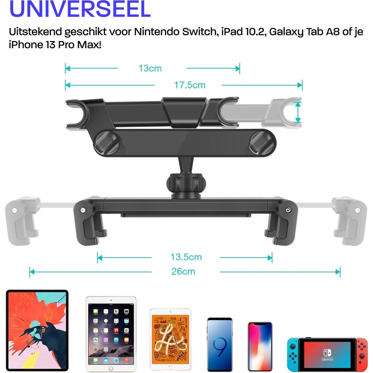 A black adjustable holder with measurements is shown. Below are examples of devices it can hold: iPad, tablets, phones, and a Nintendo Switch.