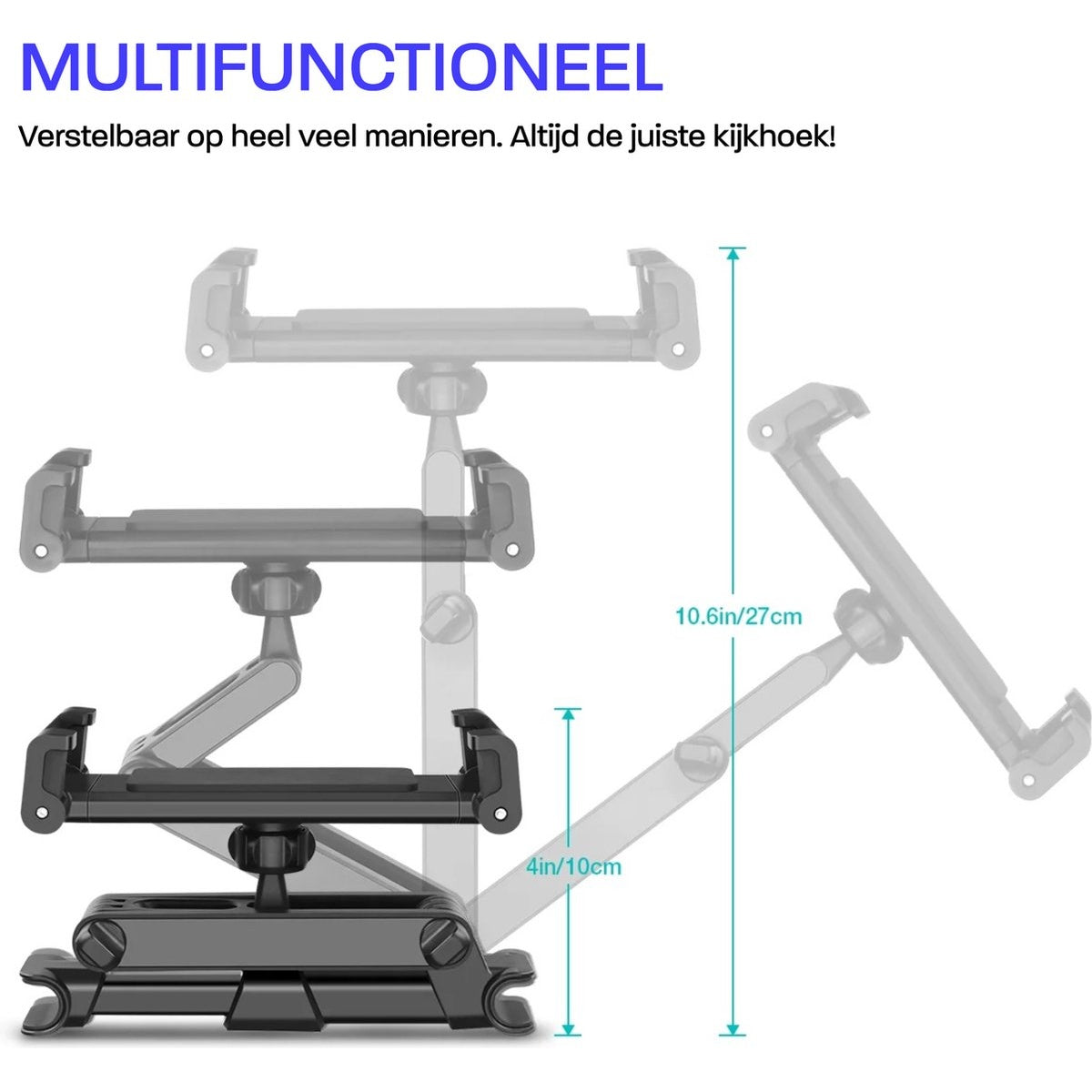 Diagram of a black tablet holder, adjustable to different angles. Dimensions are provided: 4in/10cm and 10.6in/27cm.