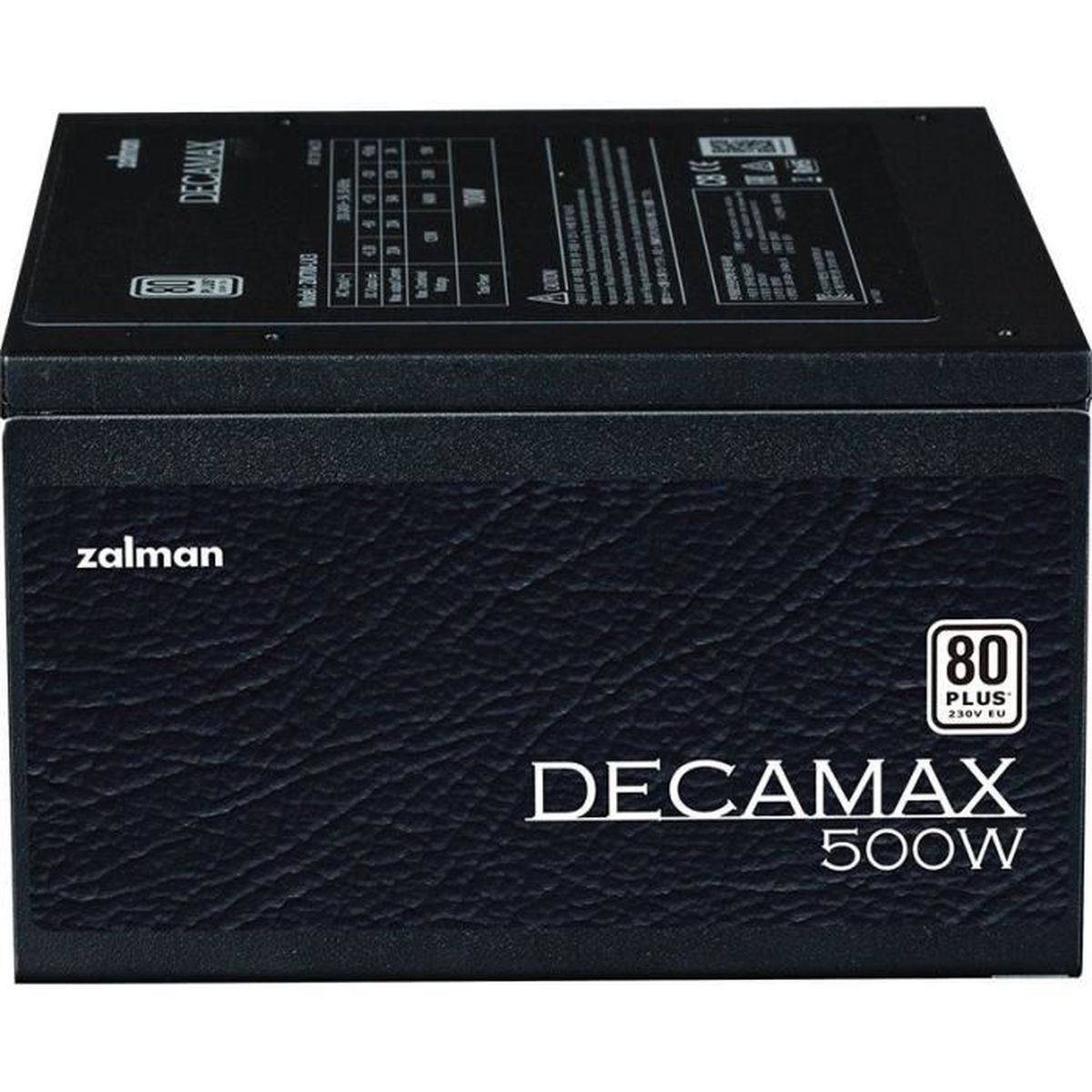 Un alimentatore per computer nero, etichettato 'DECAMAx 500W' e '80 PLUS'. Il marchio 'zalman' è visibile.