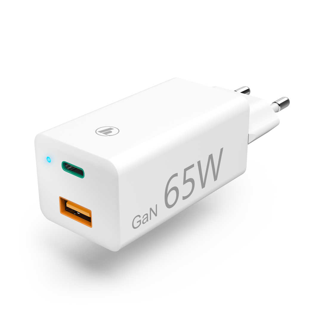 Caricatore GaN bianco da 65W con porte USB-C e USB-A. Ha un indicatore LED blu e testo grigio. La spina è visibile.