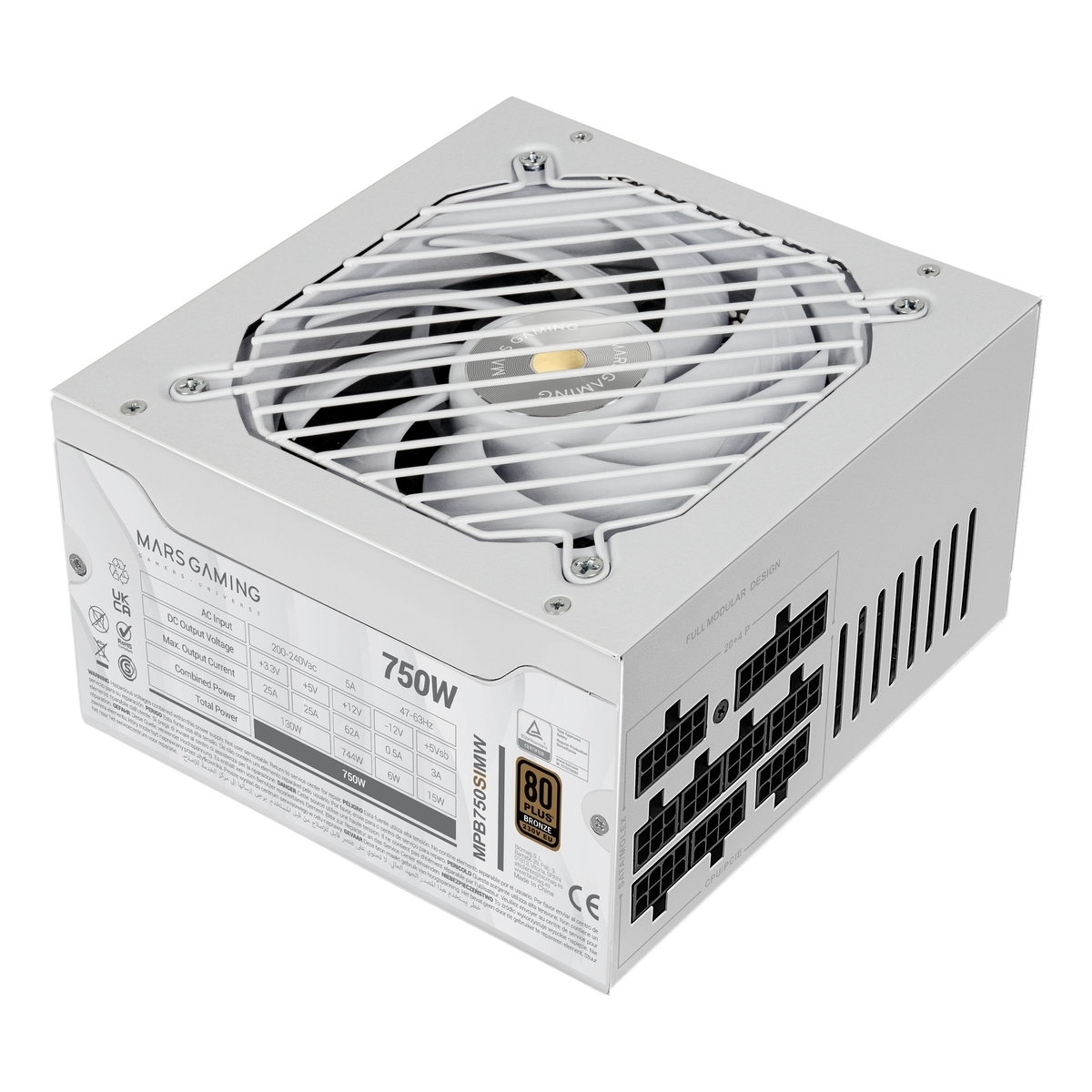 Alimentatore bianco Mars Gaming 750W. Dispone di ventola, porte modulari e marchio.
