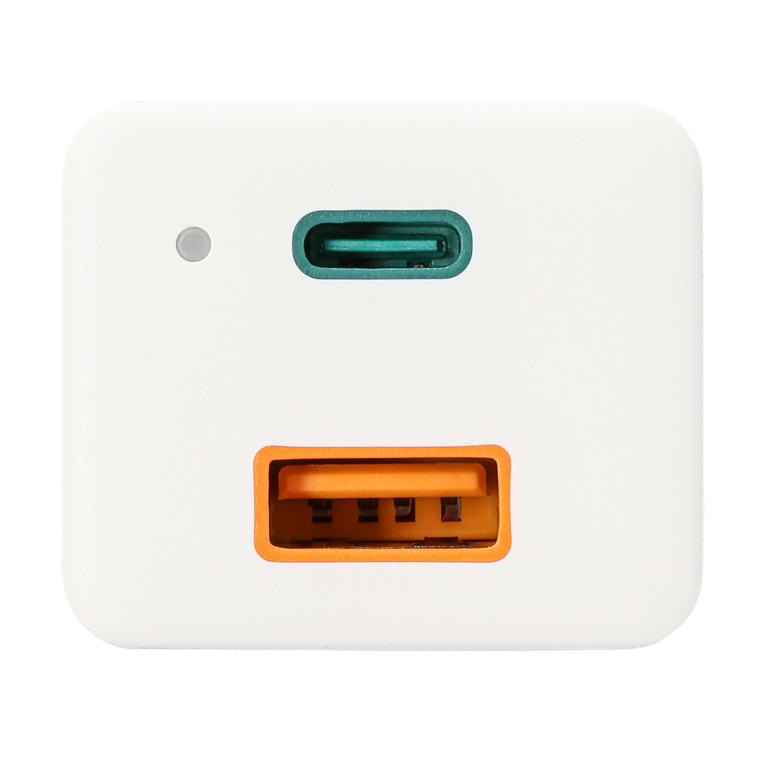 Caricatore USB bianco con una porta USB-C verde e una porta USB-A arancione. Una piccola luce grigia è sopra la porta USB-C.