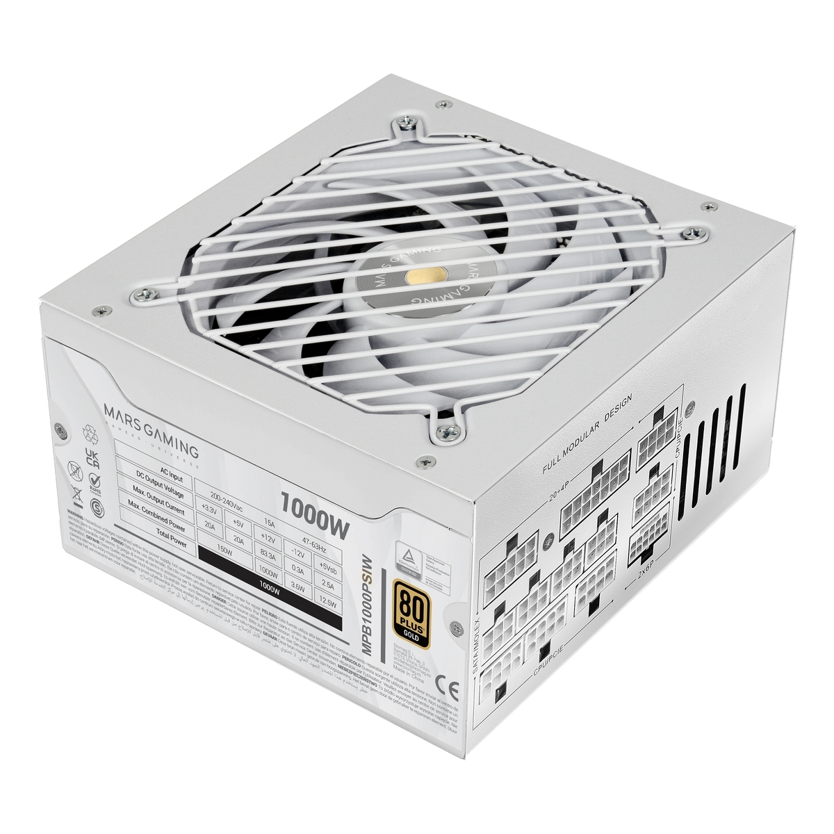Una fuente de alimentación plateada Mars Gaming 1000W. Tiene un ventilador, conectores modulares y etiquetas de texto.
