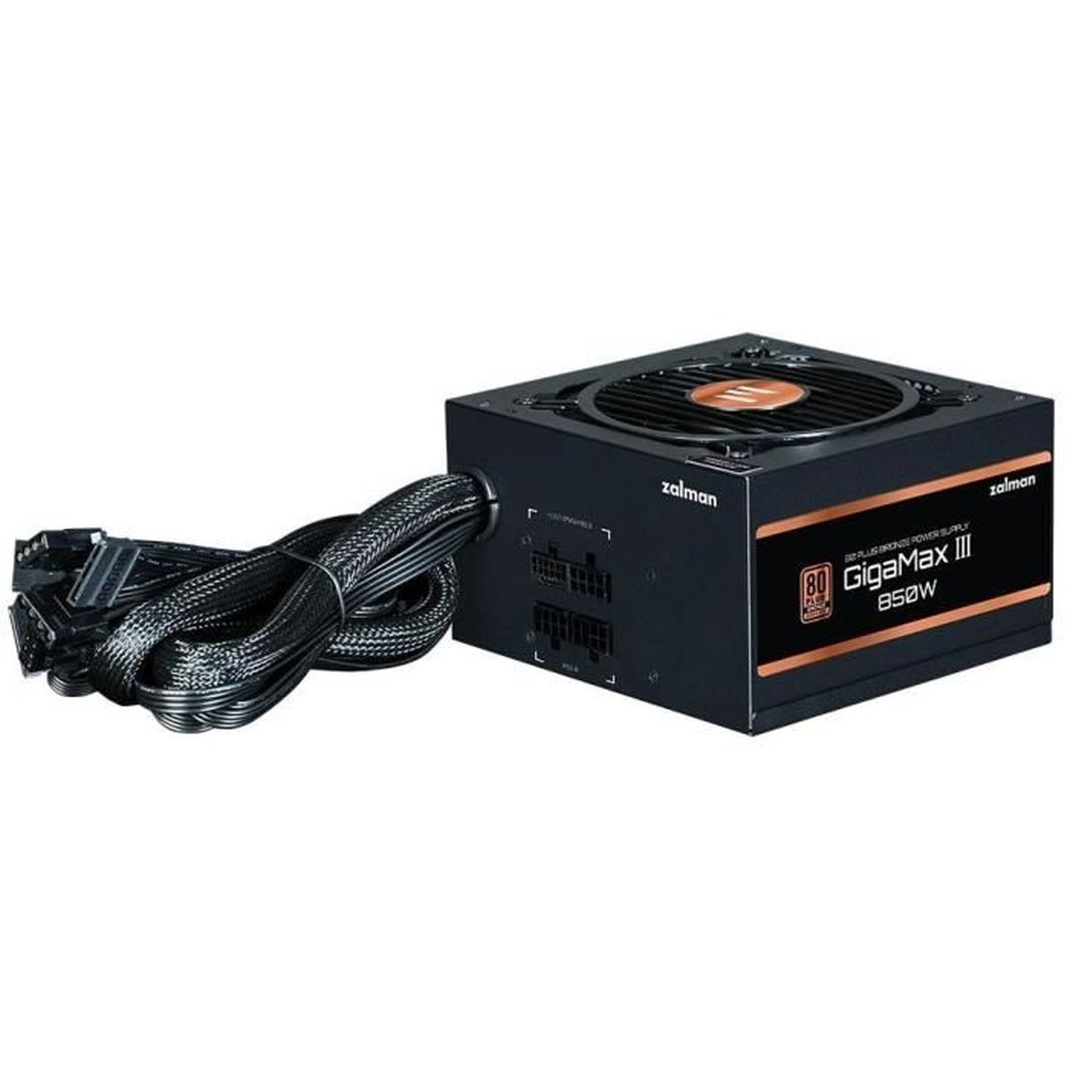 Un alimentatore Zalman GigaMax III 850W nero con cavi che si estendono verso sinistra. Ha una ventola e un accento color rame.