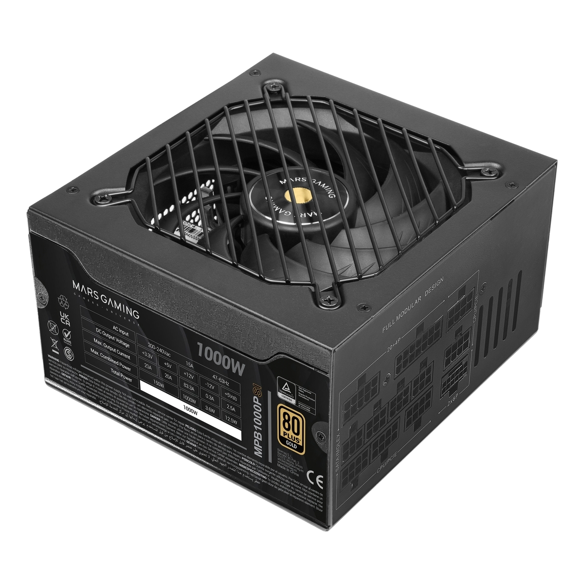 Un alimentatore Mars Gaming 1000W nero. Ha una ventola, cavi ed etichette con specifiche. L'alimentatore è nuovo.