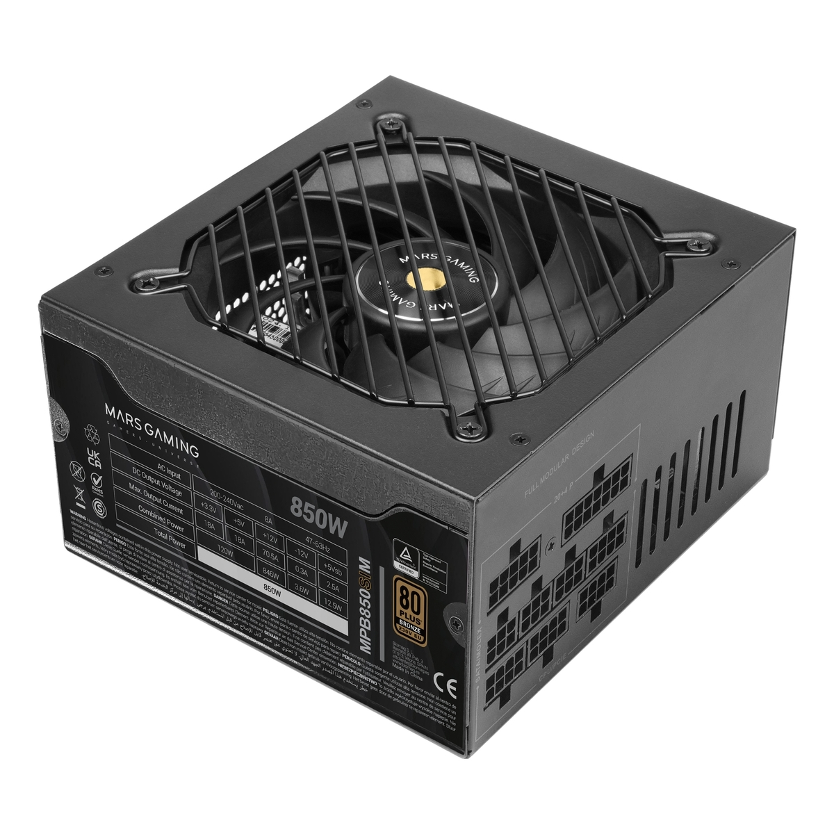 Alimentatore Mars Gaming 850W nero. Dotato di ventola con griglia protettiva, design modulare e certificazione 80 Plus Bronze.