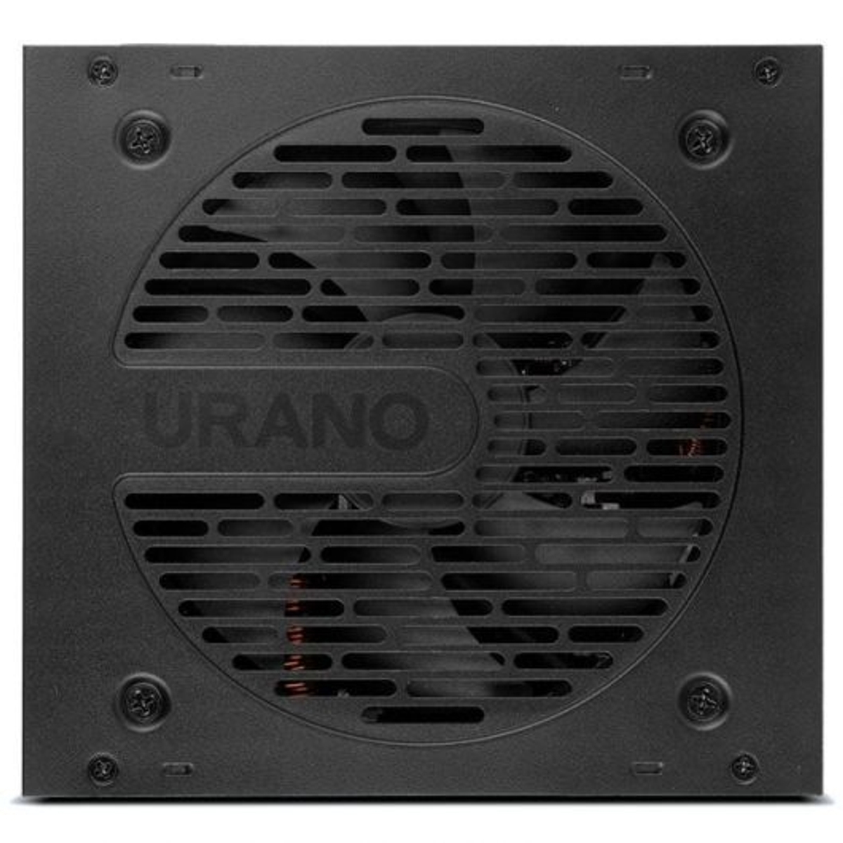 Un alimentatore per computer nero. Ha una griglia rotonda per ventola con la scritta 'URANO' e quattro viti agli angoli.