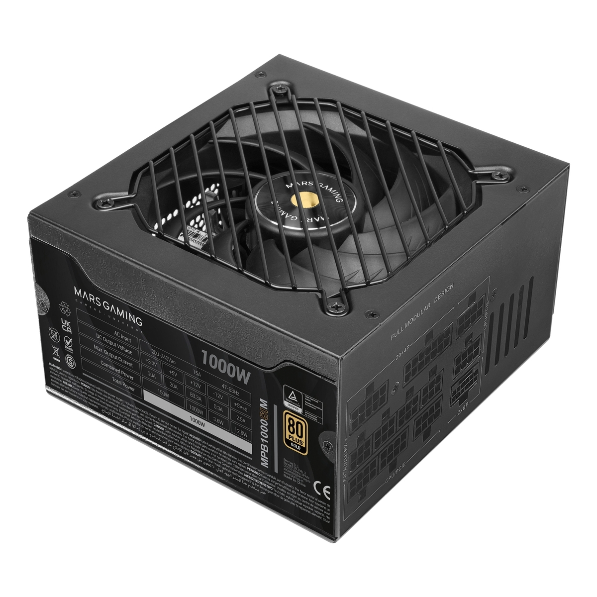 Alimentatore nero Mars Gaming 1000W. Dispone di ventola, griglia protettiva e vari connettori.