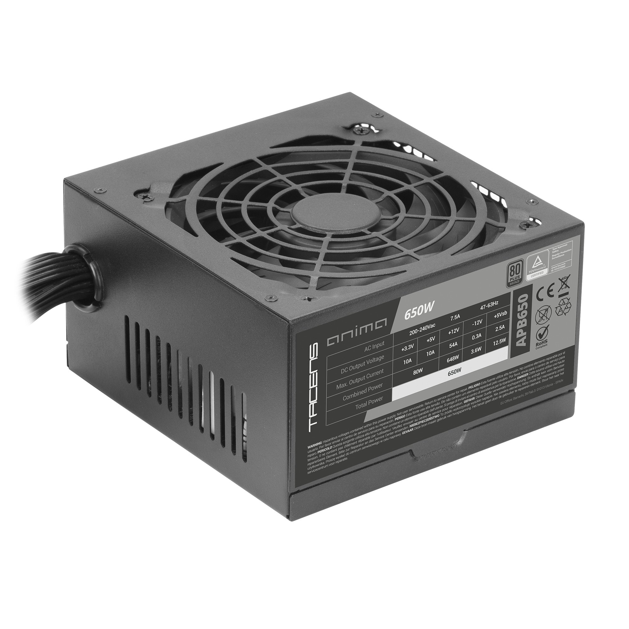 Una fuente de alimentación de computadora negra con ventilador, etiquetas y cable. Tiene la marca 'anima' y '650W' escritos.