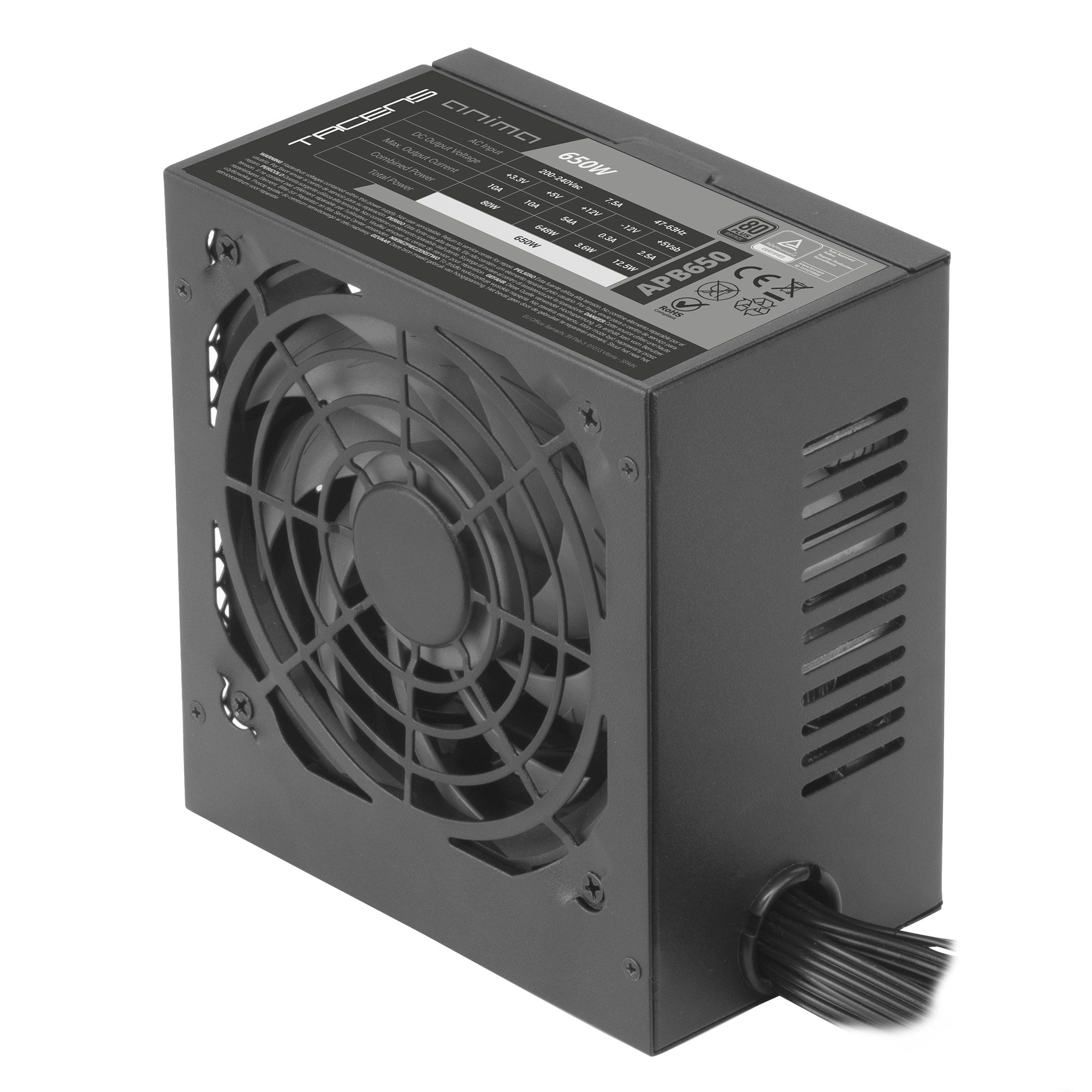 Fuente de alimentación negra para ordenador con ventilador y etiqueta. Cables conectados a la derecha.