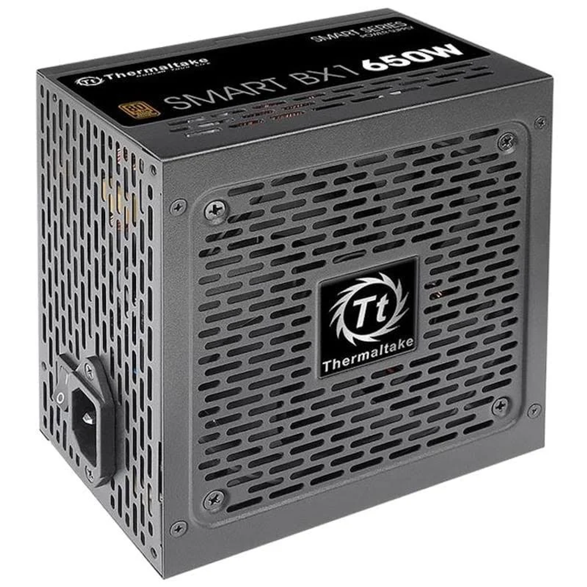 Szary zasilacz Thermaltake Smart BX1 650W. Posiada perforowany panel przedni, wejście zasilania i logo Thermaltake.
