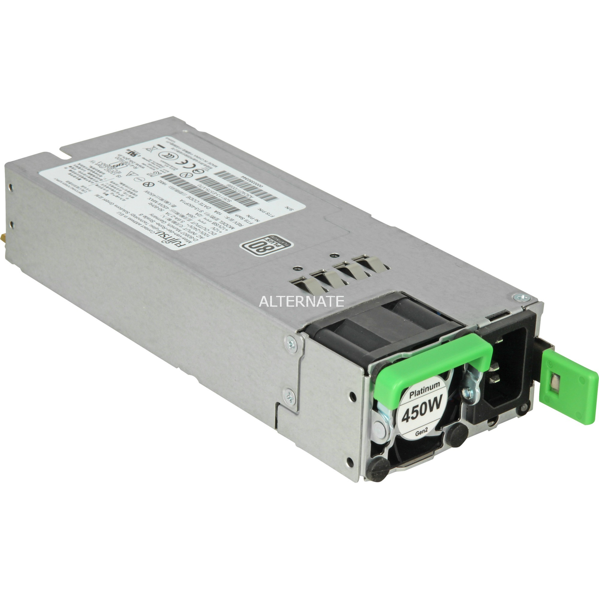 Un alimentatore Fujitsu argento con maniglia verde e ventola. Ha un'etichetta che indica '450W Platinum'.