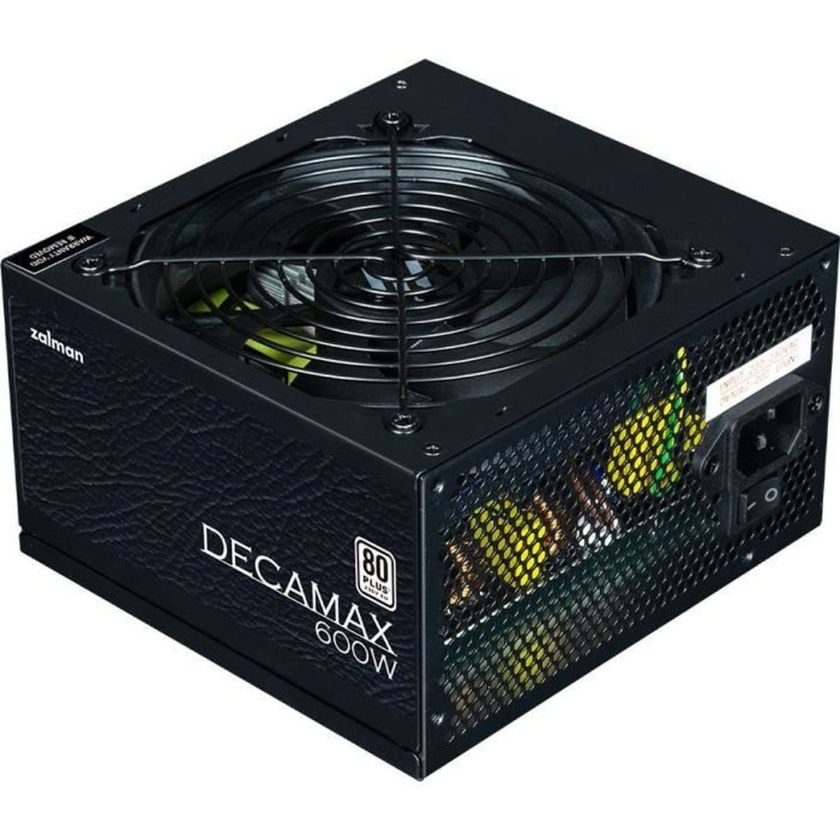 Un alimentatore Zalman Decamax 600W nero. Ha una ventola sulla parte superiore e un lato a rete. Il logo 80 plus è visibile.