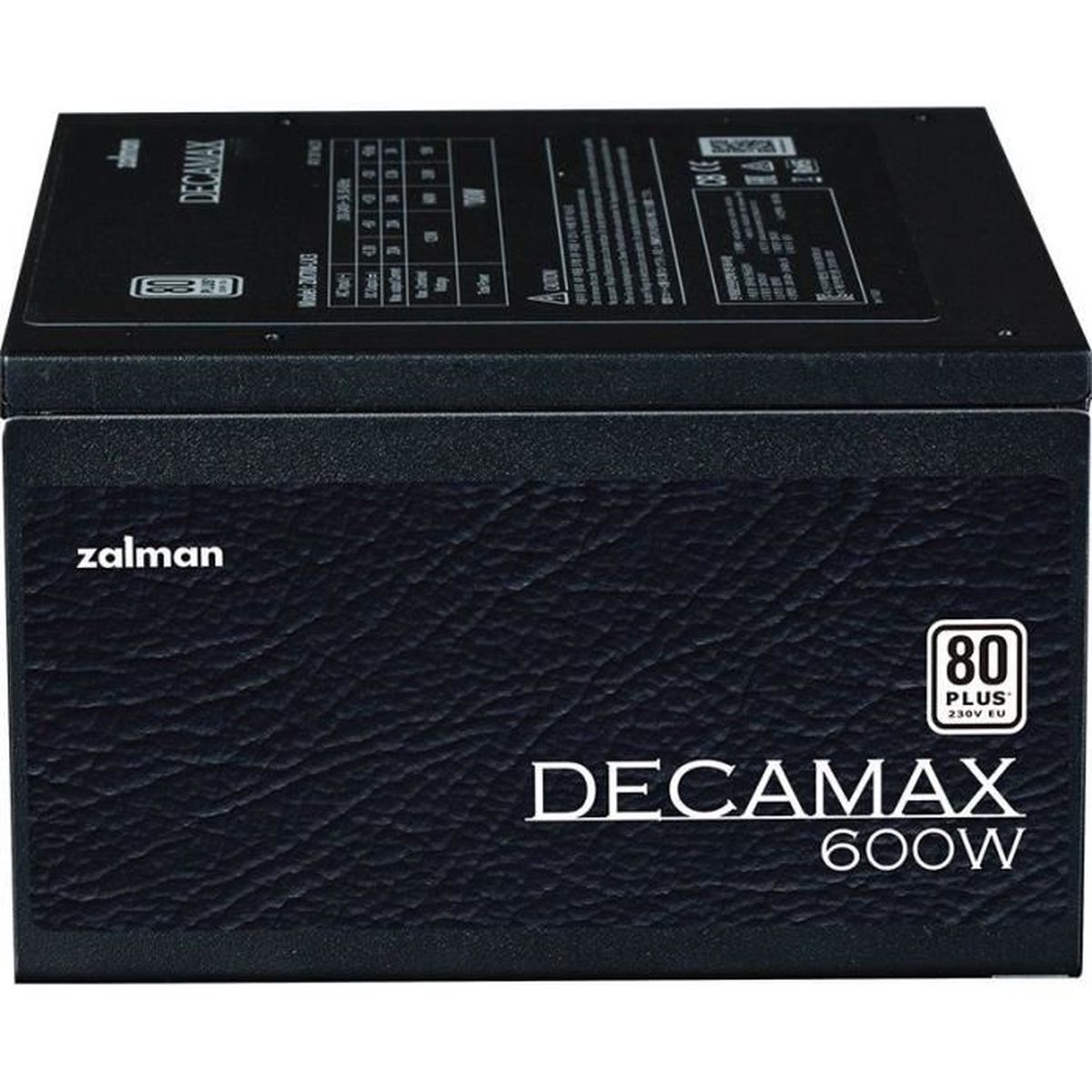 Un alimentatore Zalman Decamax 600W nero. Testo e loghi sono bianchi. Il logo 80 Plus è visibile. L'unità è nuova.