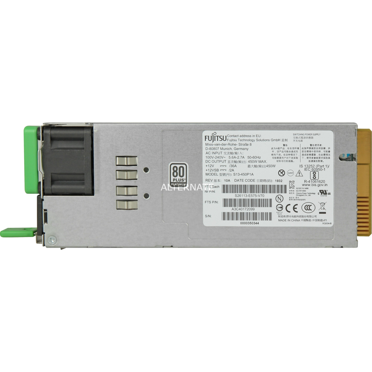 Un alimentatore Fujitsu. Involucro in metallo grigio con accenti verdi e oro. Etichette di testo e marcature visibili.