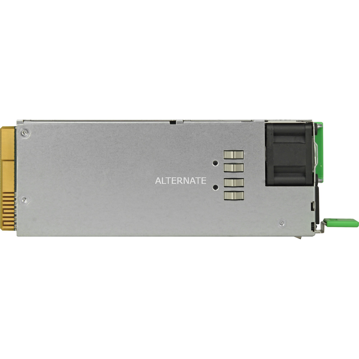 Un alimentatore per computer argentato con la scritta "ALTERNATE". Ha un connettore dorato e una ventola nera.