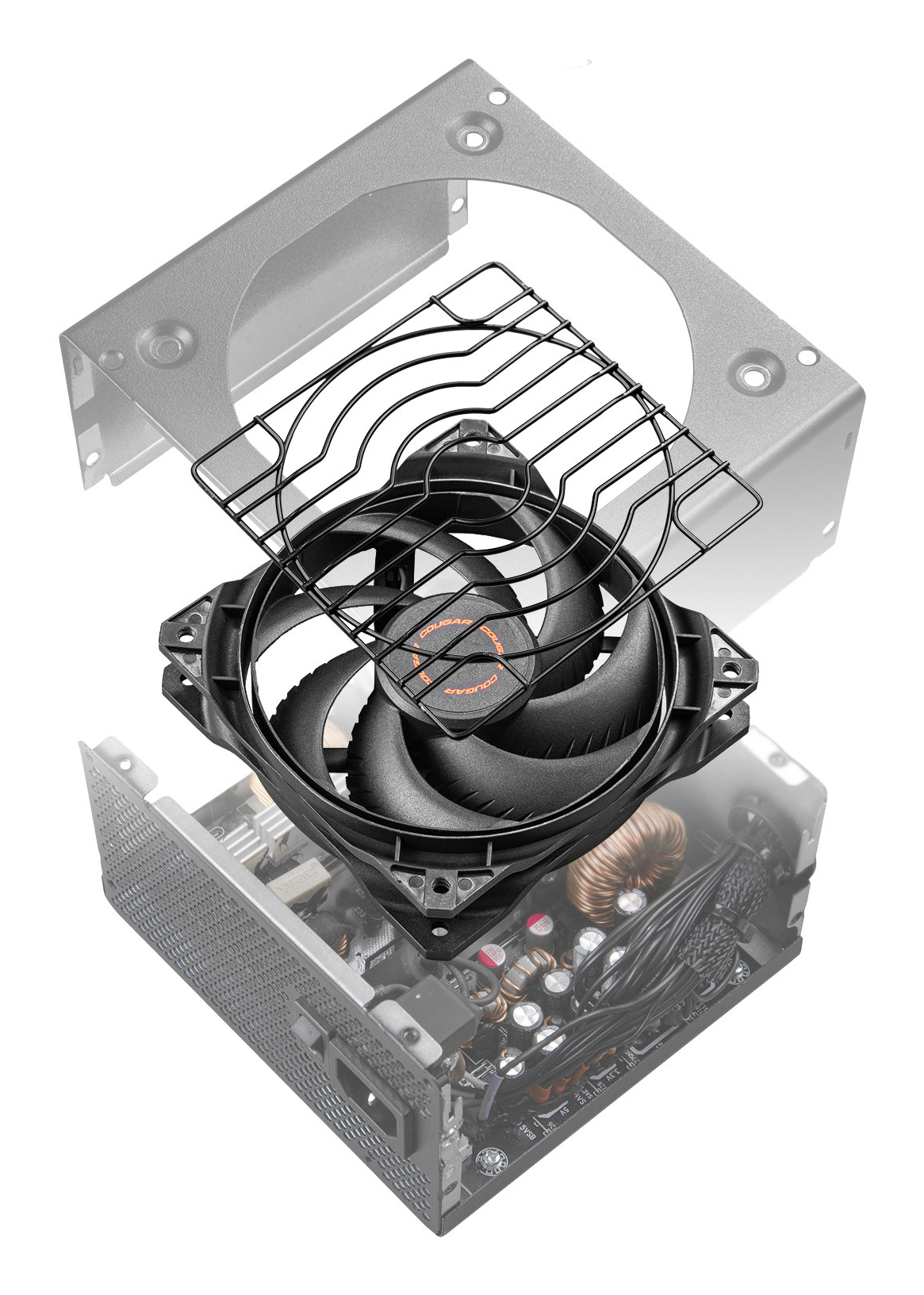 Vista esplosa di un alimentatore per computer, che mostra ventola, involucro metallico e componenti interni su sfondo bianco.