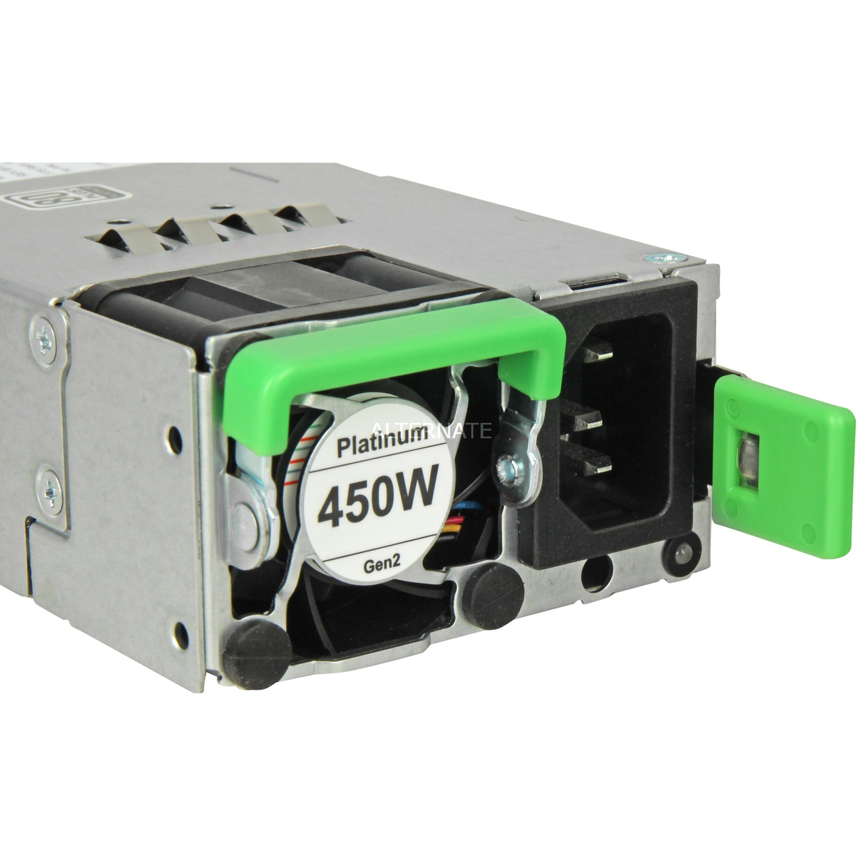 Un alimentatore con maniglia verde e copertura della porta di alimentazione. Ha una ventola, un adesivo da 450W e un involucro argentato.