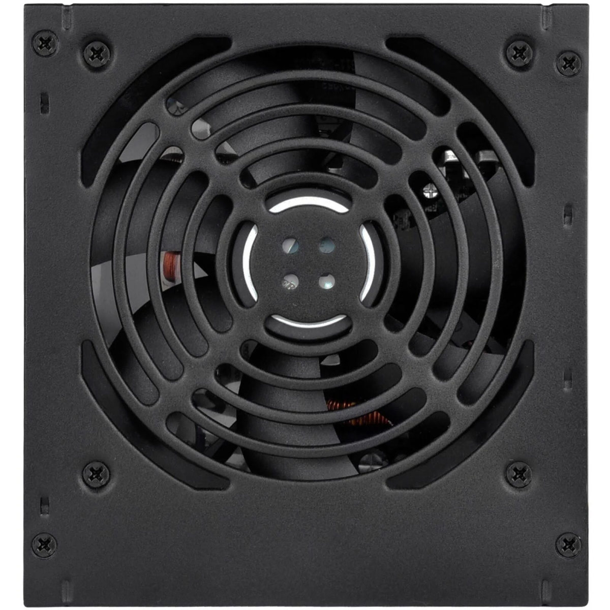 Un alimentatore per computer nero, vista frontale. Presenta una ventola dietro una griglia protettiva e viti di montaggio.