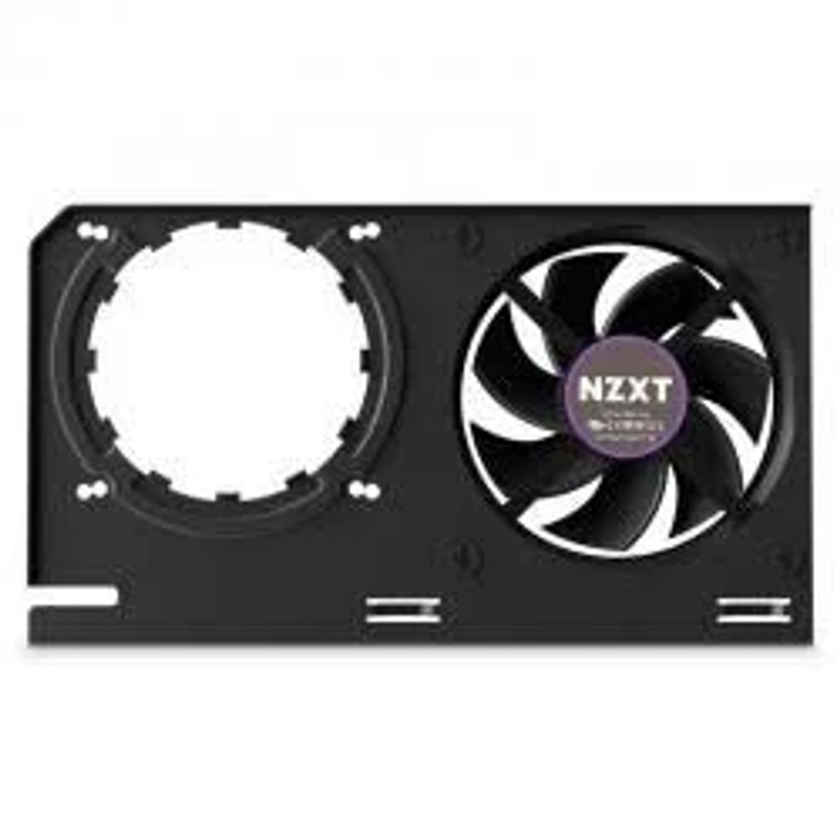 Una ventola per computer nera con un cerchio aperto bianco, una ventola con pale nere e un logo NZXT viola, il tutto su un telaio nero.