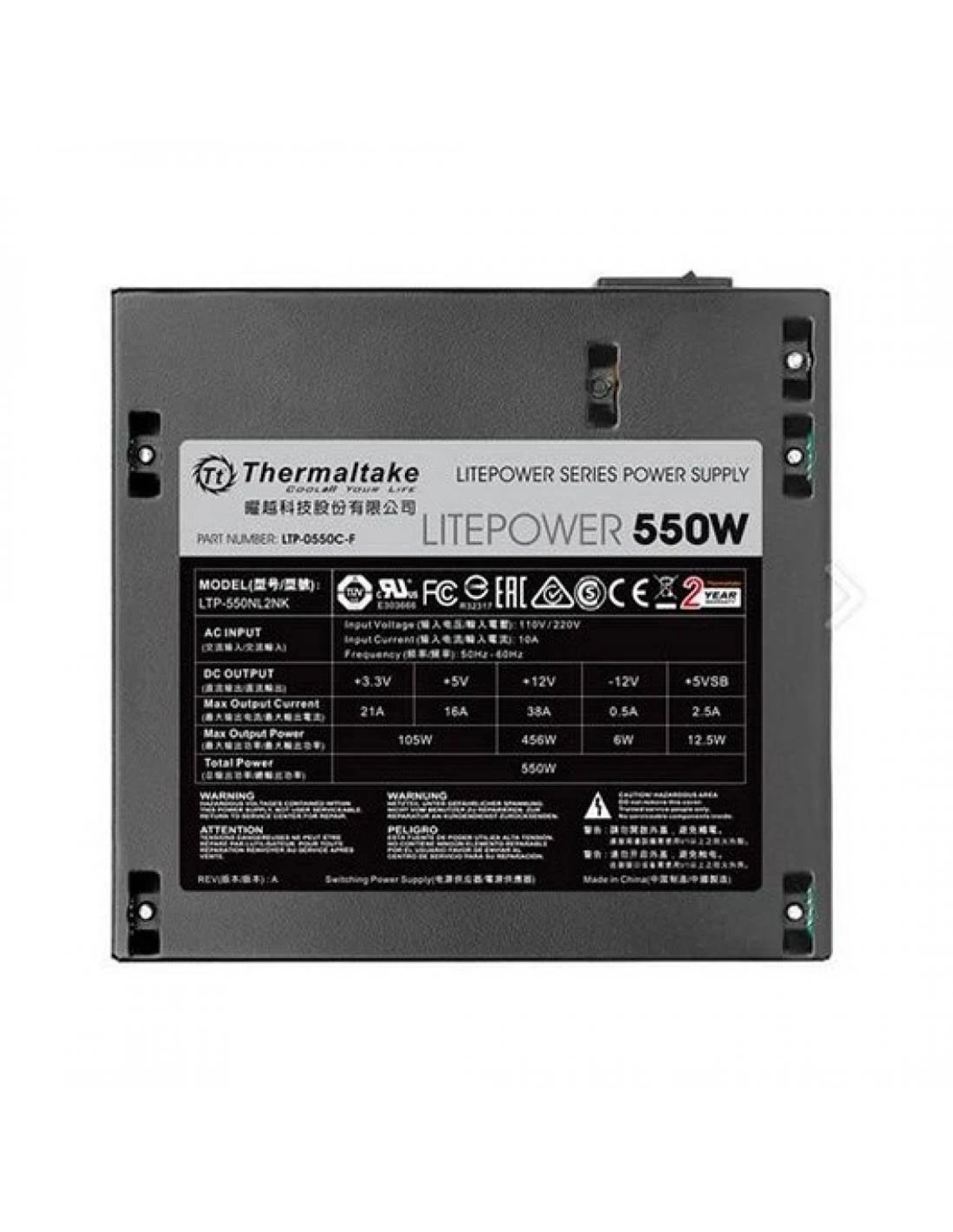 Un alimentatore Thermaltake Litepower 550W nero. Ha varie etichette con specifiche e avvertenze.