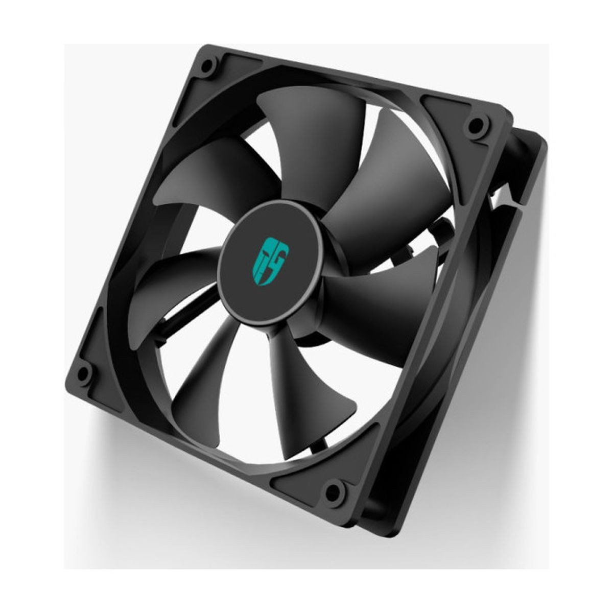 Ventola per computer nera con sette pale. Cornice quadrata con angoli arrotondati e mozzo centrale con logo.