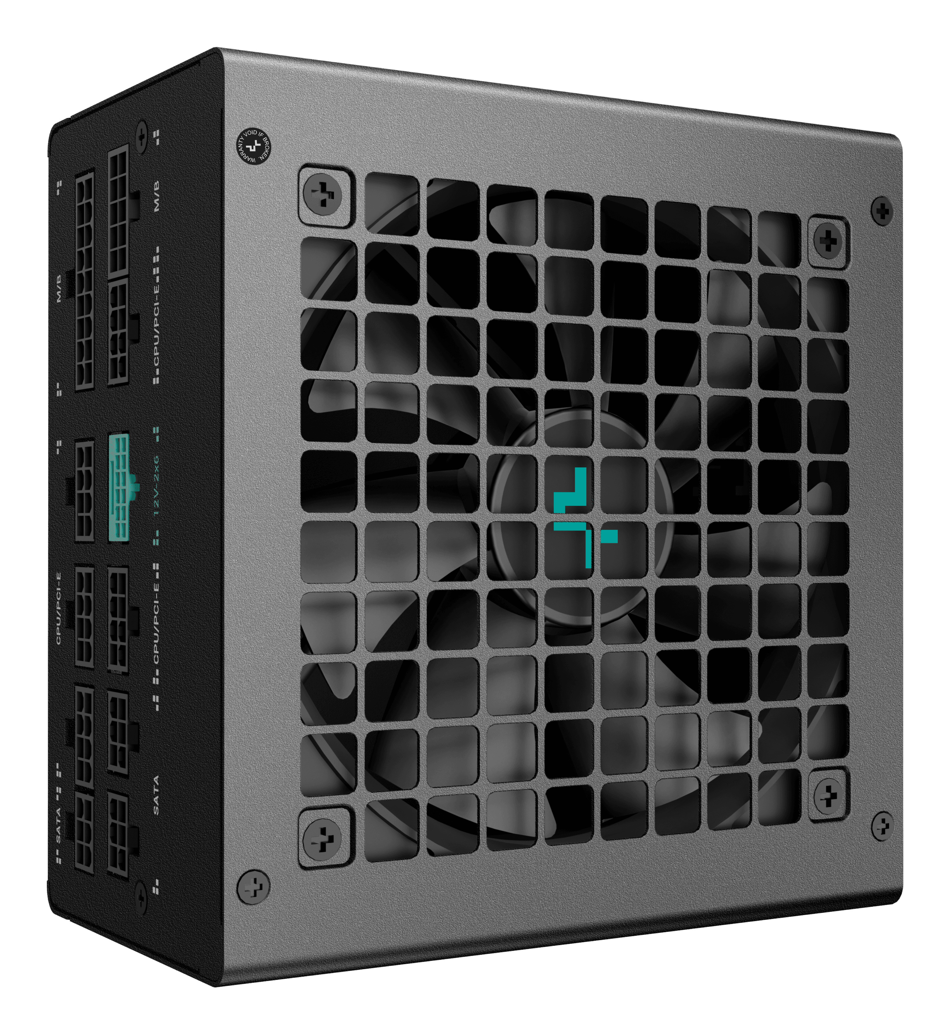 Un bloc d'alimentation d'ordinateur avec une façade en grille et plusieurs ports sur le côté. Schéma de couleurs noir et gris.