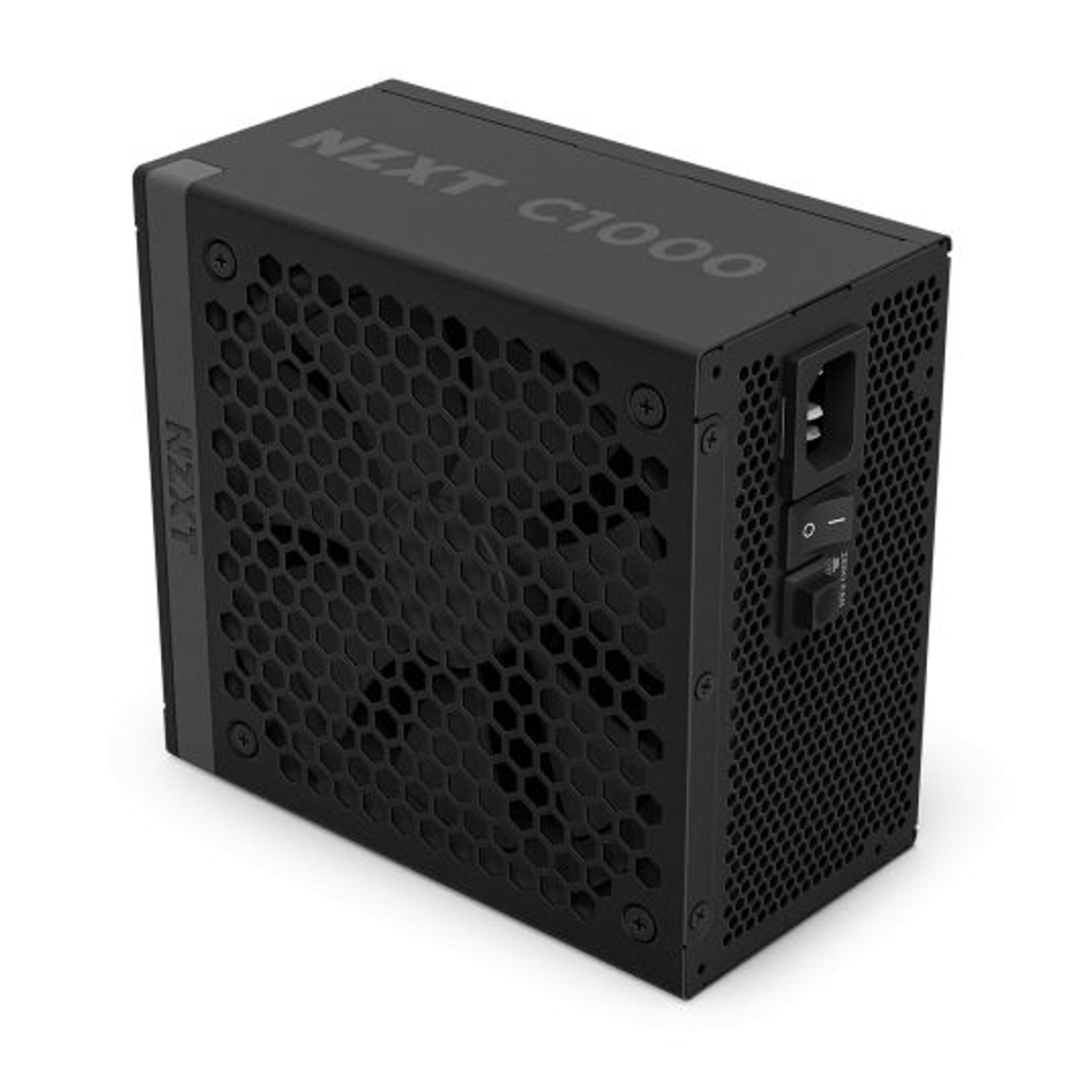 Alimentatore nero NZXT C1000. Ha una griglia a nido d'ape, un interruttore di alimentazione e un ingresso di alimentazione CA. Il logo NZXT è visibile.