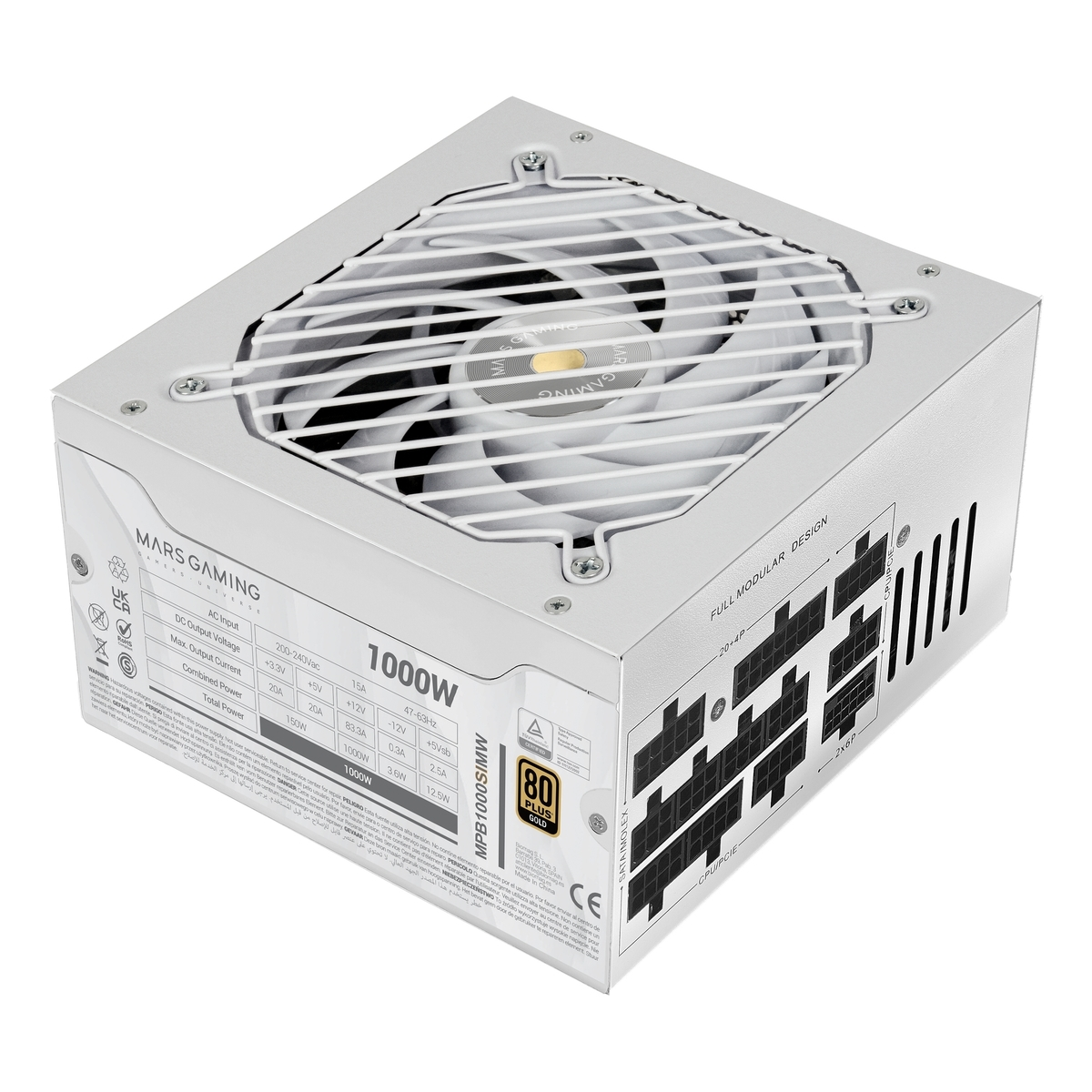Alimentatore Mars Gaming 1000W argento. Include ventola, design modulare e vari connettori.