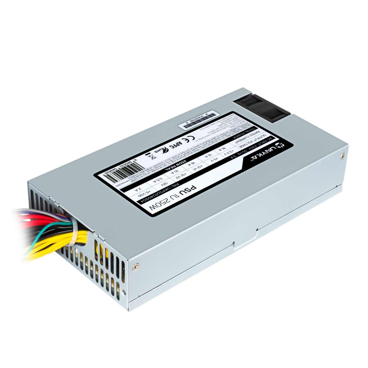 Un alimentatore argentato, etichettato PSU 1U 250W. Cavi multicolore escono dalla parte anteriore. Le etichette mostrano i dettagli.