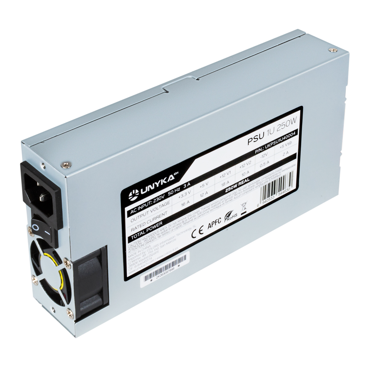 Alimentatore UNYKA PSU 250W argentato con ventola nera, interruttore e etichetta con specifiche.
