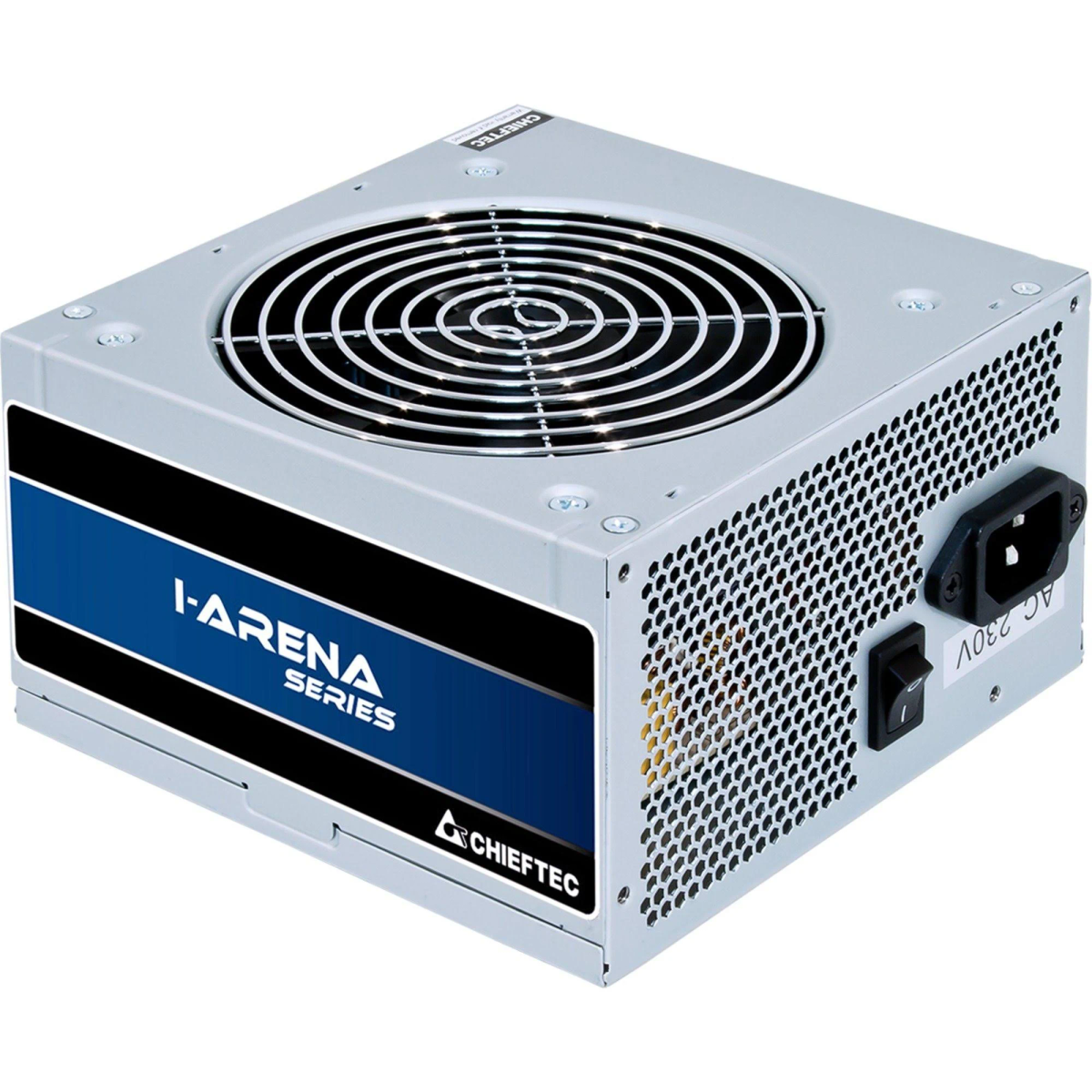 Un alimentatore per computer argentato con striscia blu e ventola.