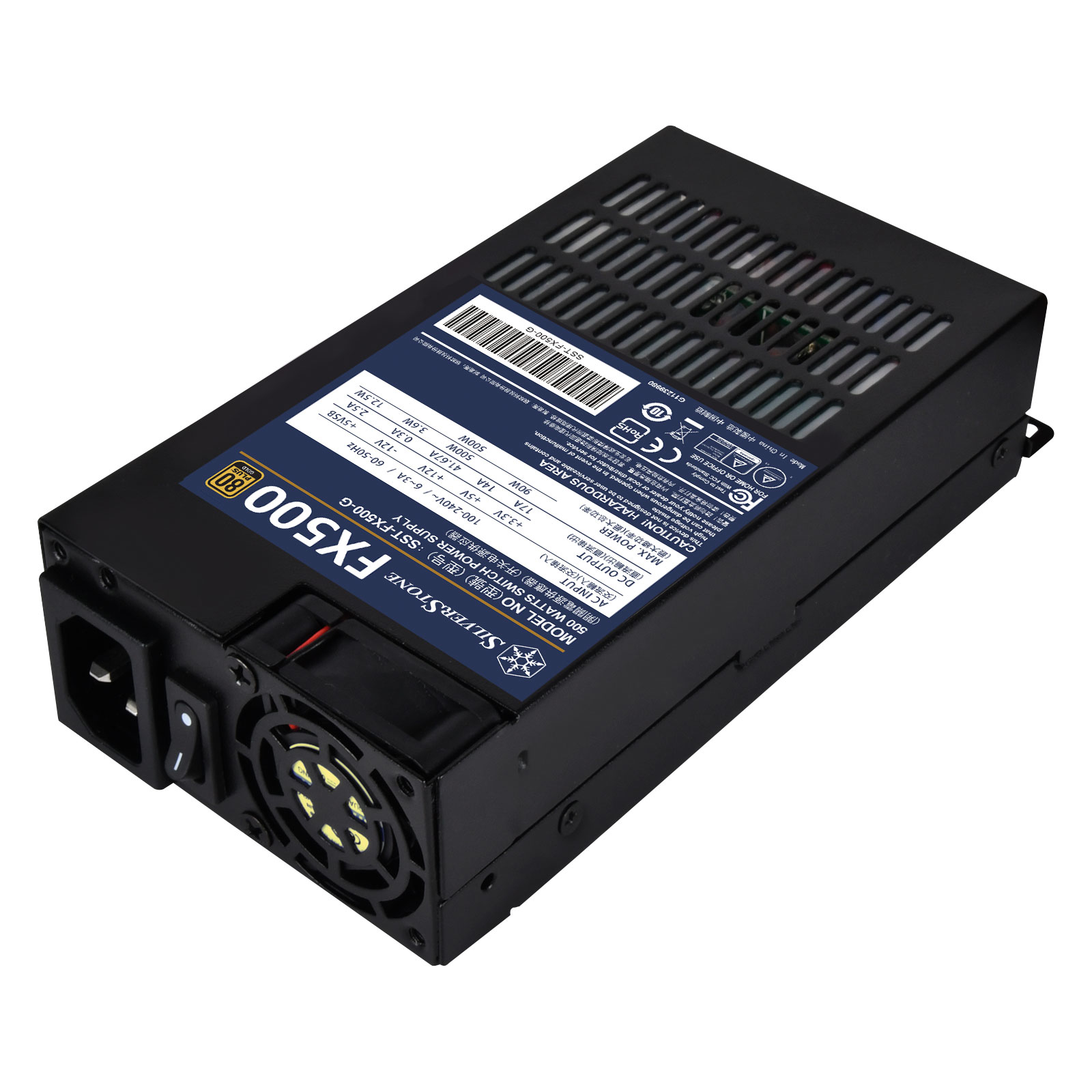 Un alimentatore per computer nero con ventola, etichette e ingresso di alimentazione. Il modello è FX500, marchio Silverstone.