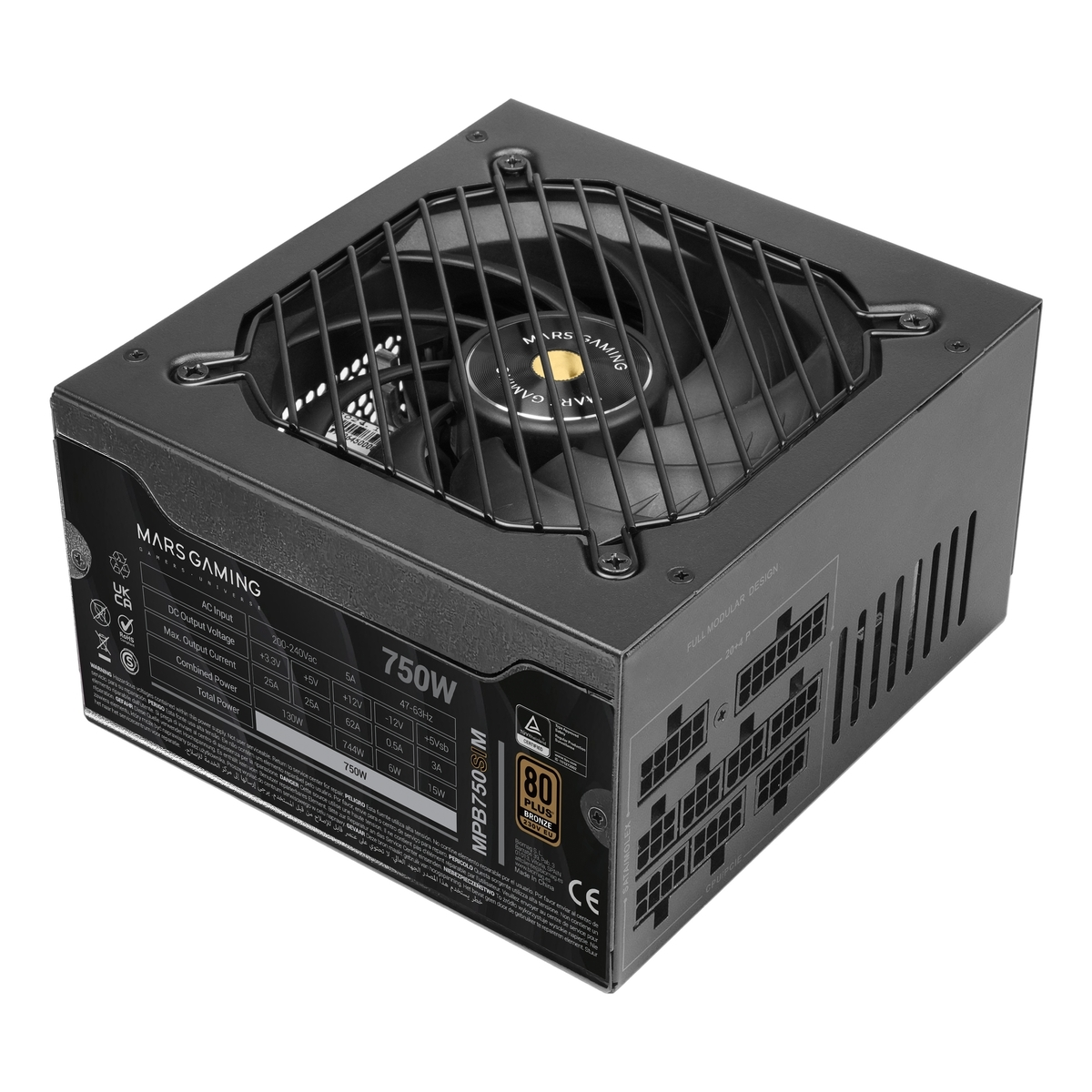 Un alimentatore nero Mars Gaming da 750W. Ha una ventola con griglia protettiva e porte di connessione laterali.