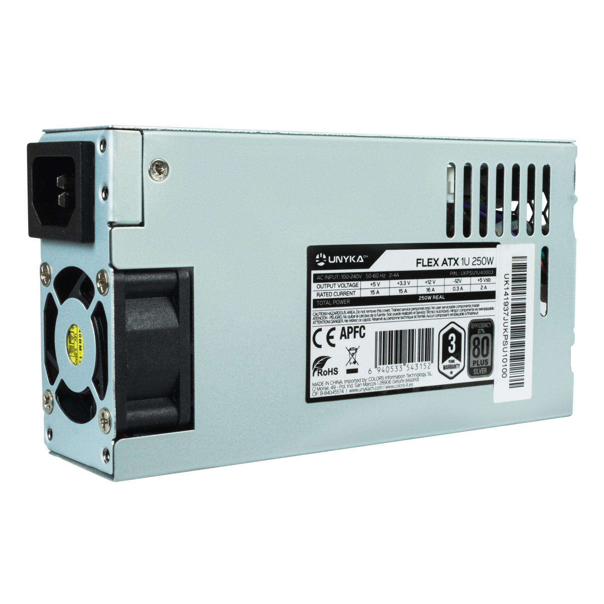 Alimentatore per computer argentato. Include una ventola, prese d'aria ed etichette con specifiche tecniche.