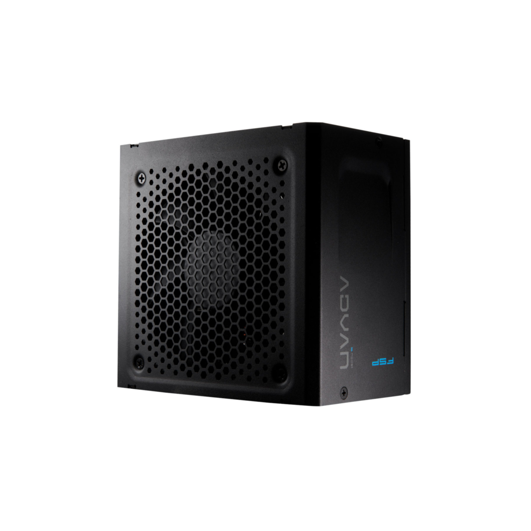 A black computer power supply unit, with a honeycomb grill, screws, and the brand name 'ADVAN' and 'FSP' printed.