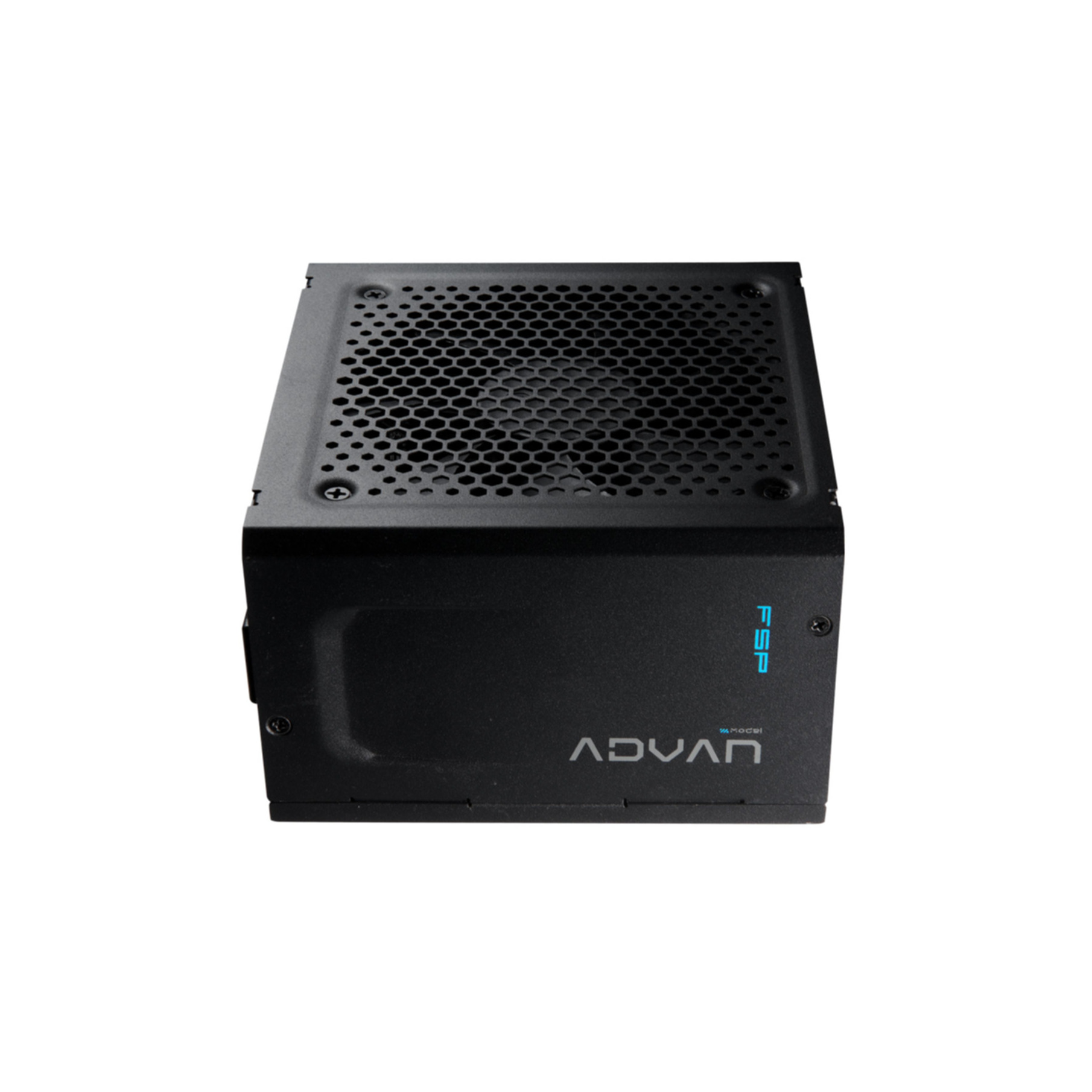 A black computer power supply unit. It has a honeycomb vent and blue text that reads 'FSP' and 'ADVAN'.