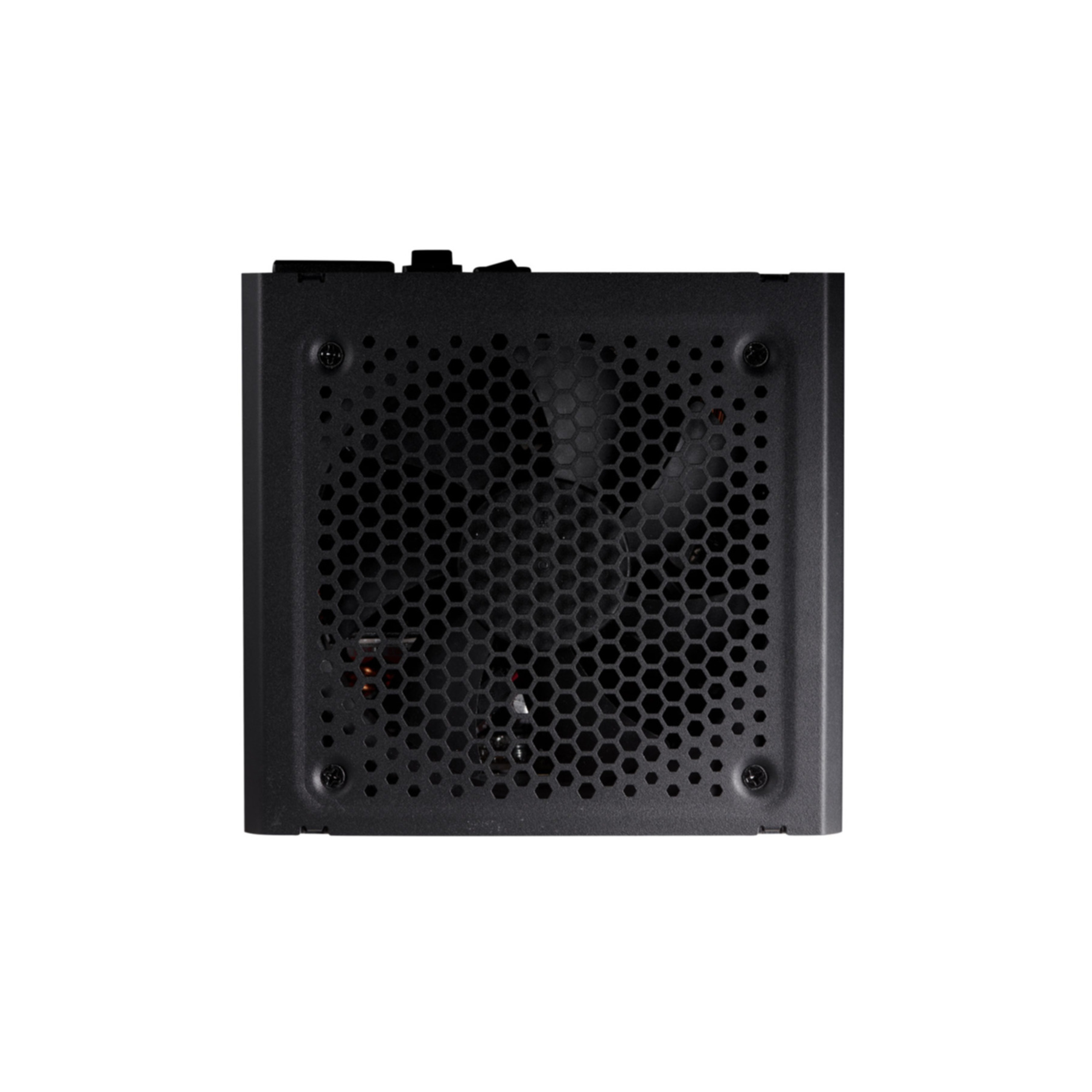 A black computer power supply unit, with a honeycomb grill covering a fan, isolated on white background.
