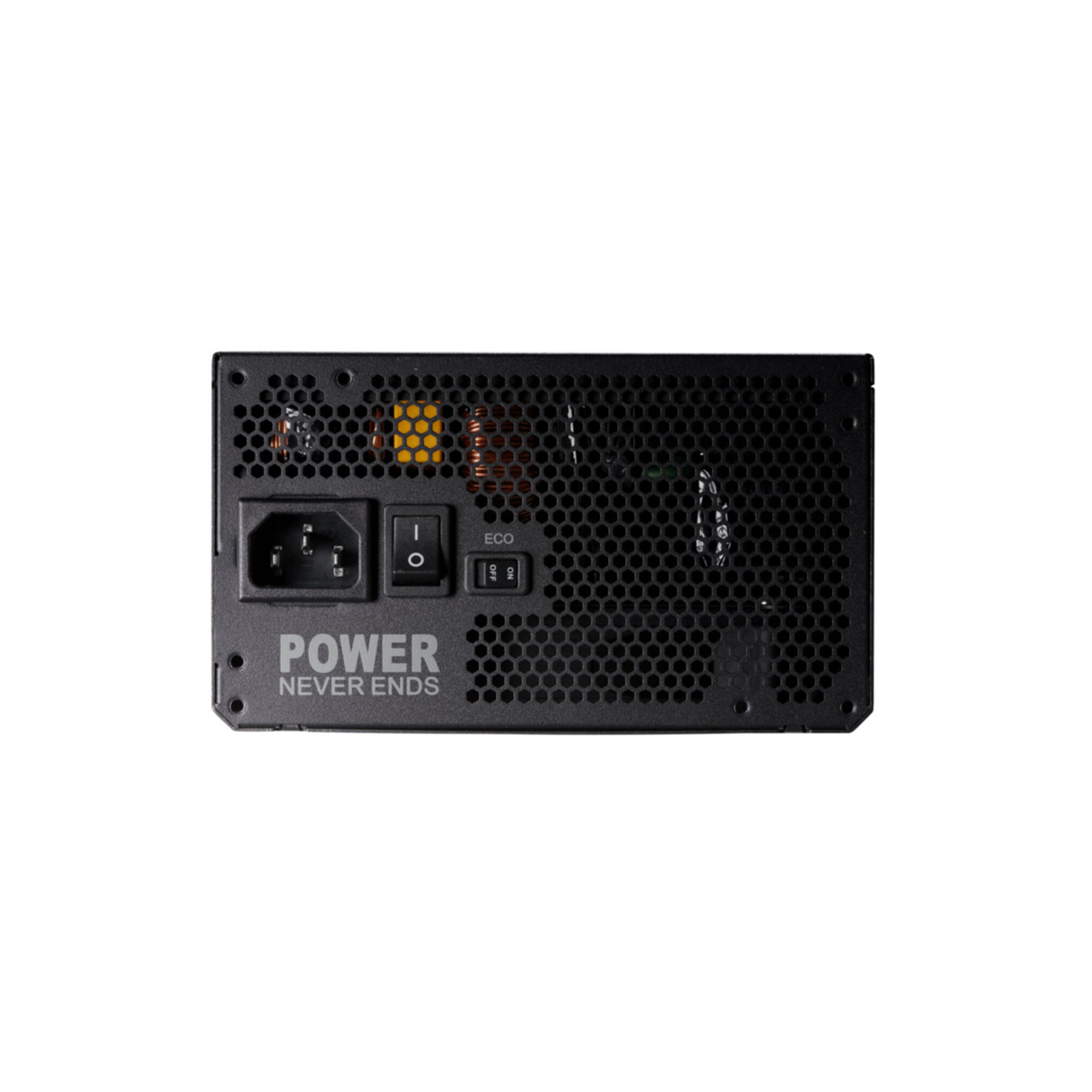 Black power supply unit with power switch and ECO mode switch. The text 'POWER NEVER ENDS' is printed on it.