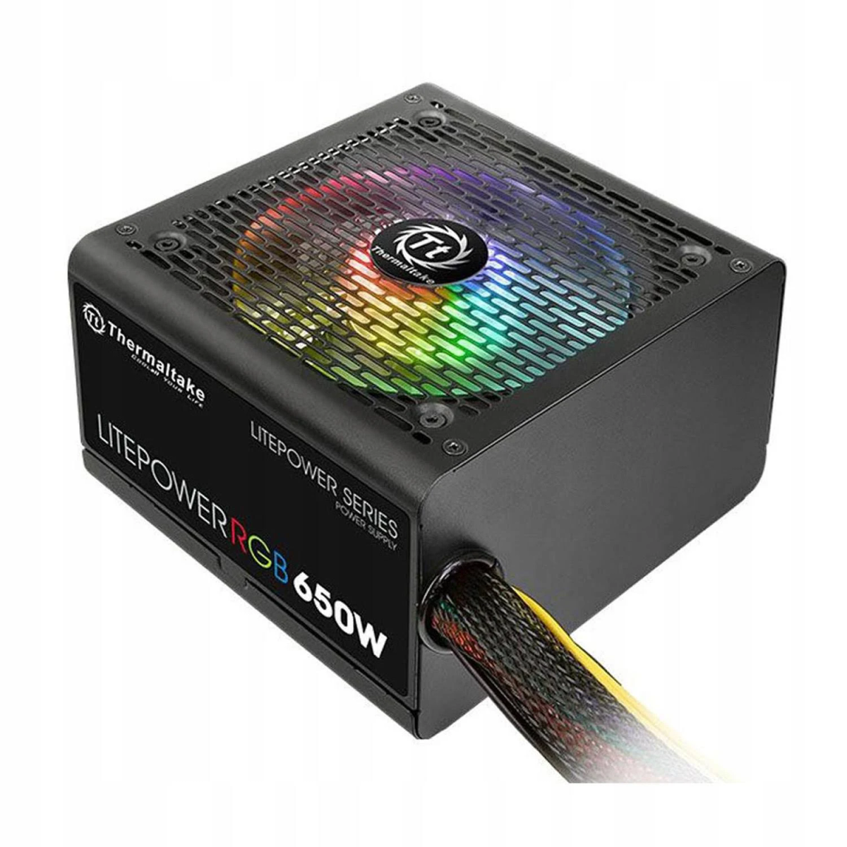 Alimentatore nero Thermaltake Litepower RGB 650W. È dotato di una ventola con luci multicolore e un cavo.