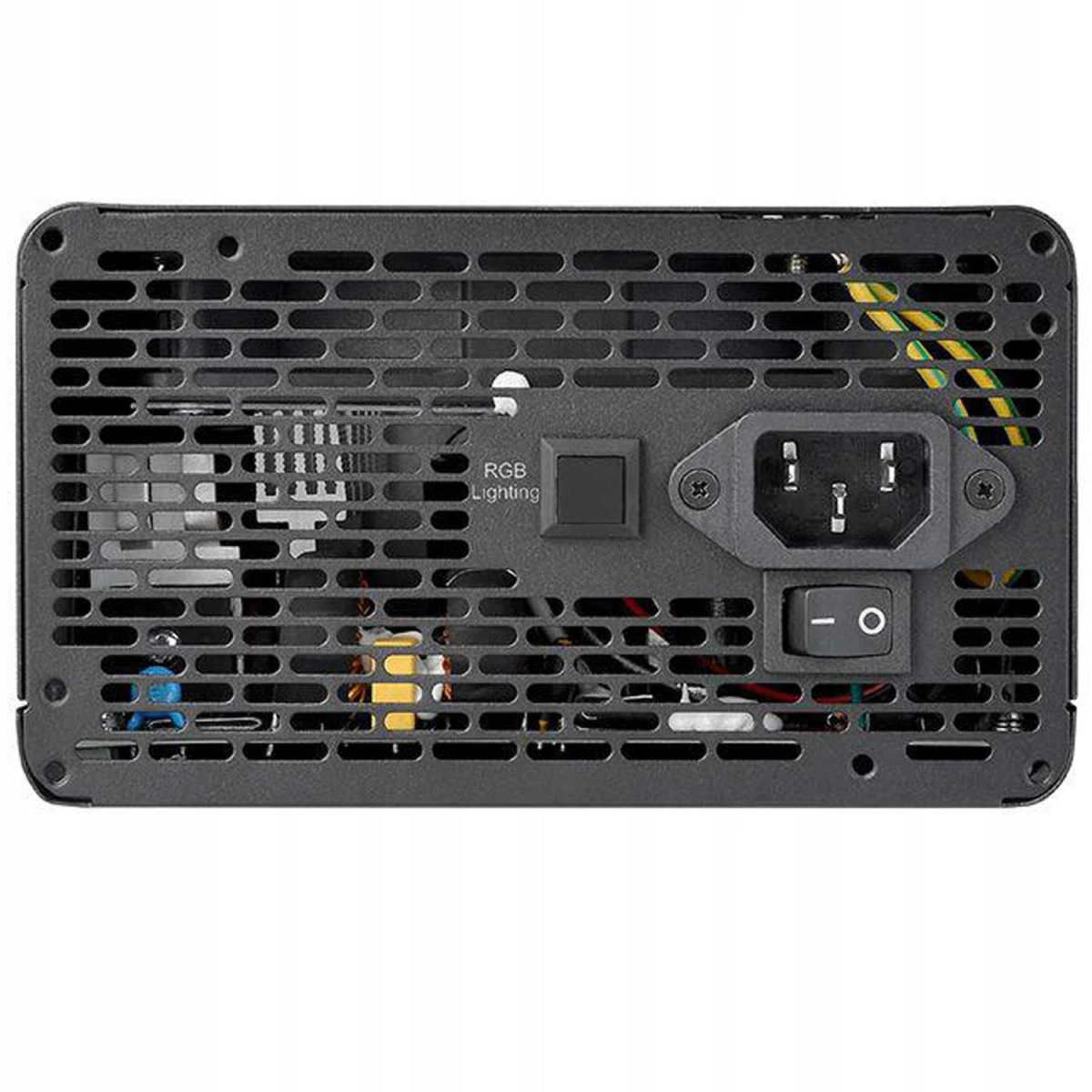Un alimentatore per computer nero con fori di ventilazione, interruttore illuminazione RGB, ingresso alimentazione e interruttore on/off.